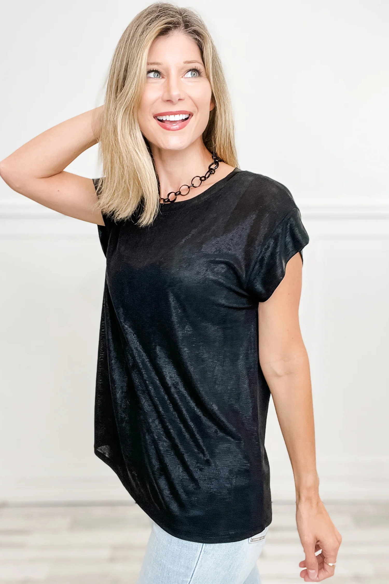 Black Metallic Round Neck Cap Sleeve Tee view 2