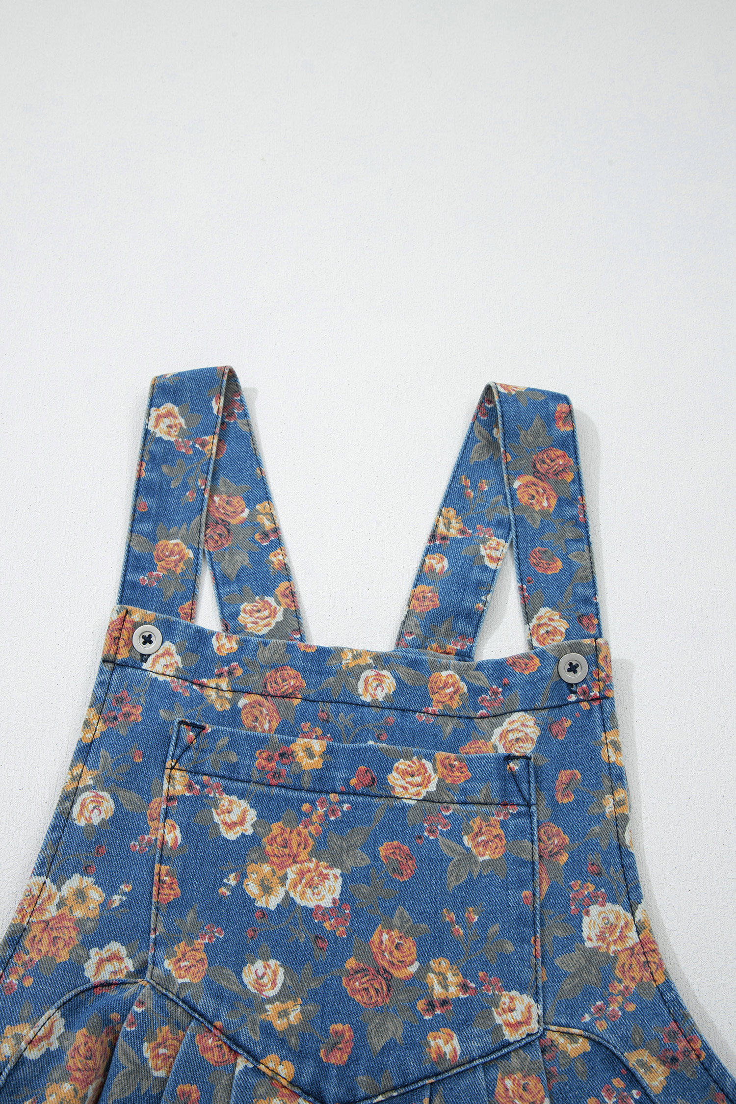 Blue Vintage Rose Printed Pleated Loose Denim Overall Jumpsuit view 18