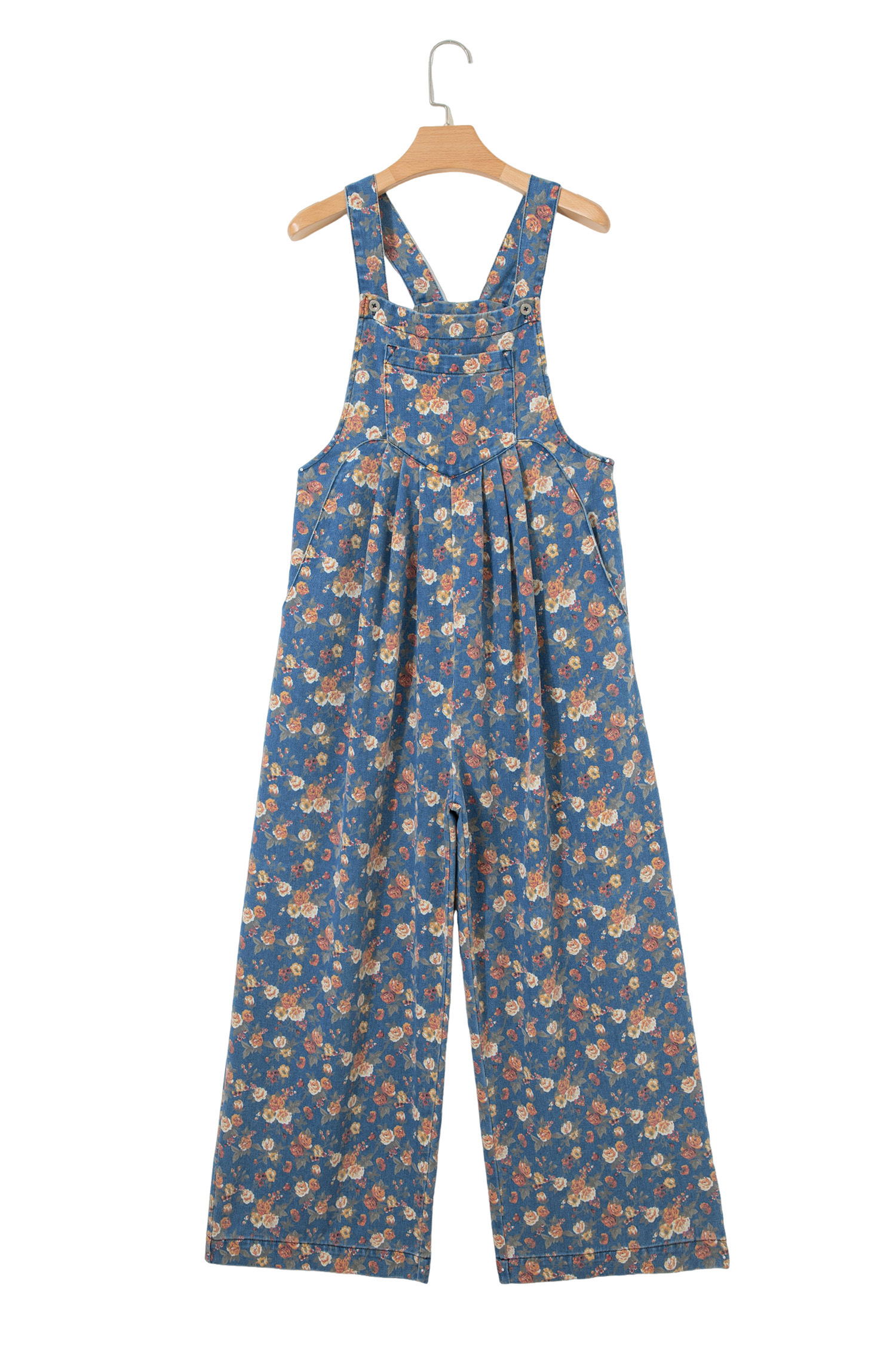 Blue Vintage Rose Printed Pleated Loose Denim Overall Jumpsuit view 19