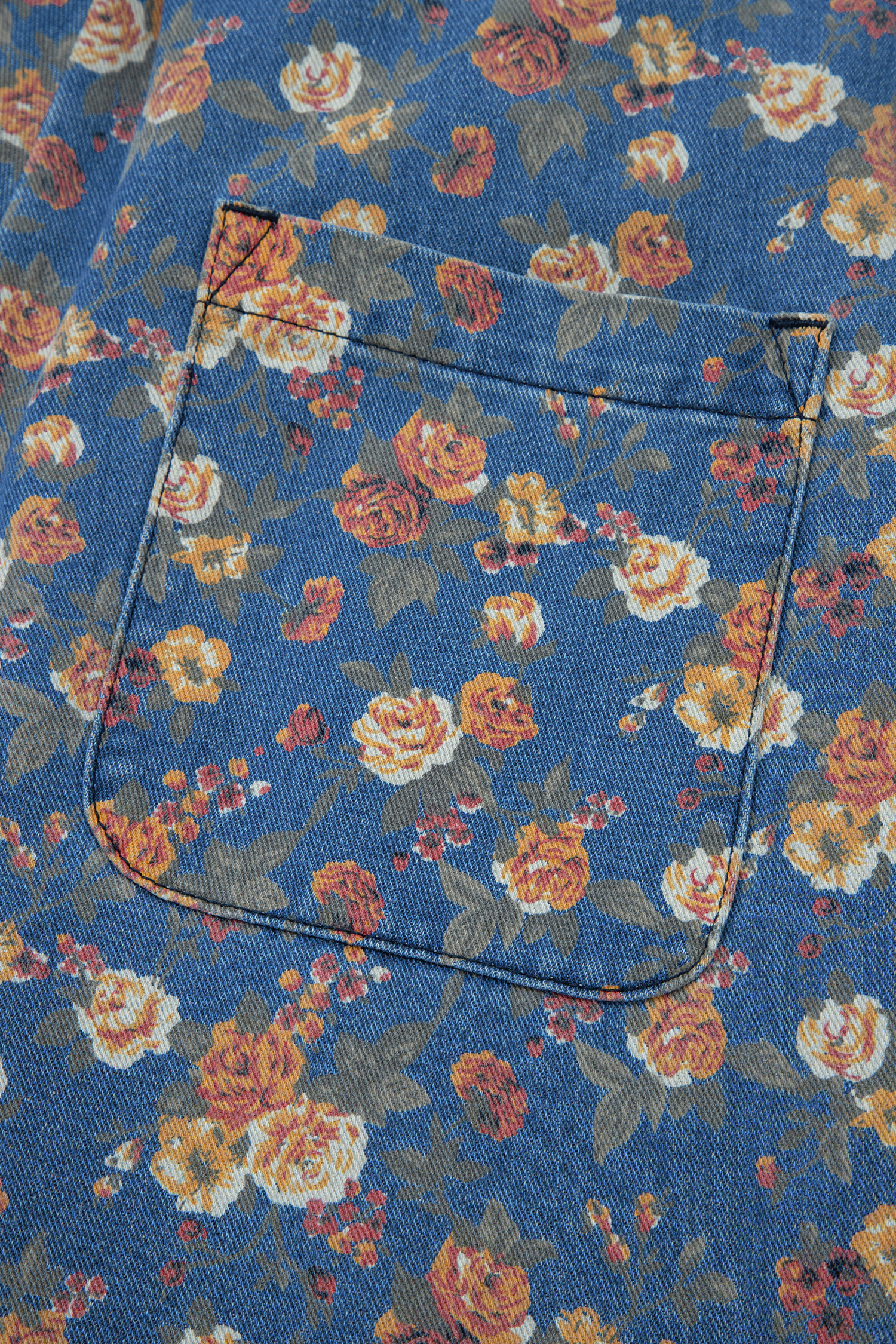 Blue Vintage Rose Printed Pleated Loose Denim Overall Jumpsuit view 15
