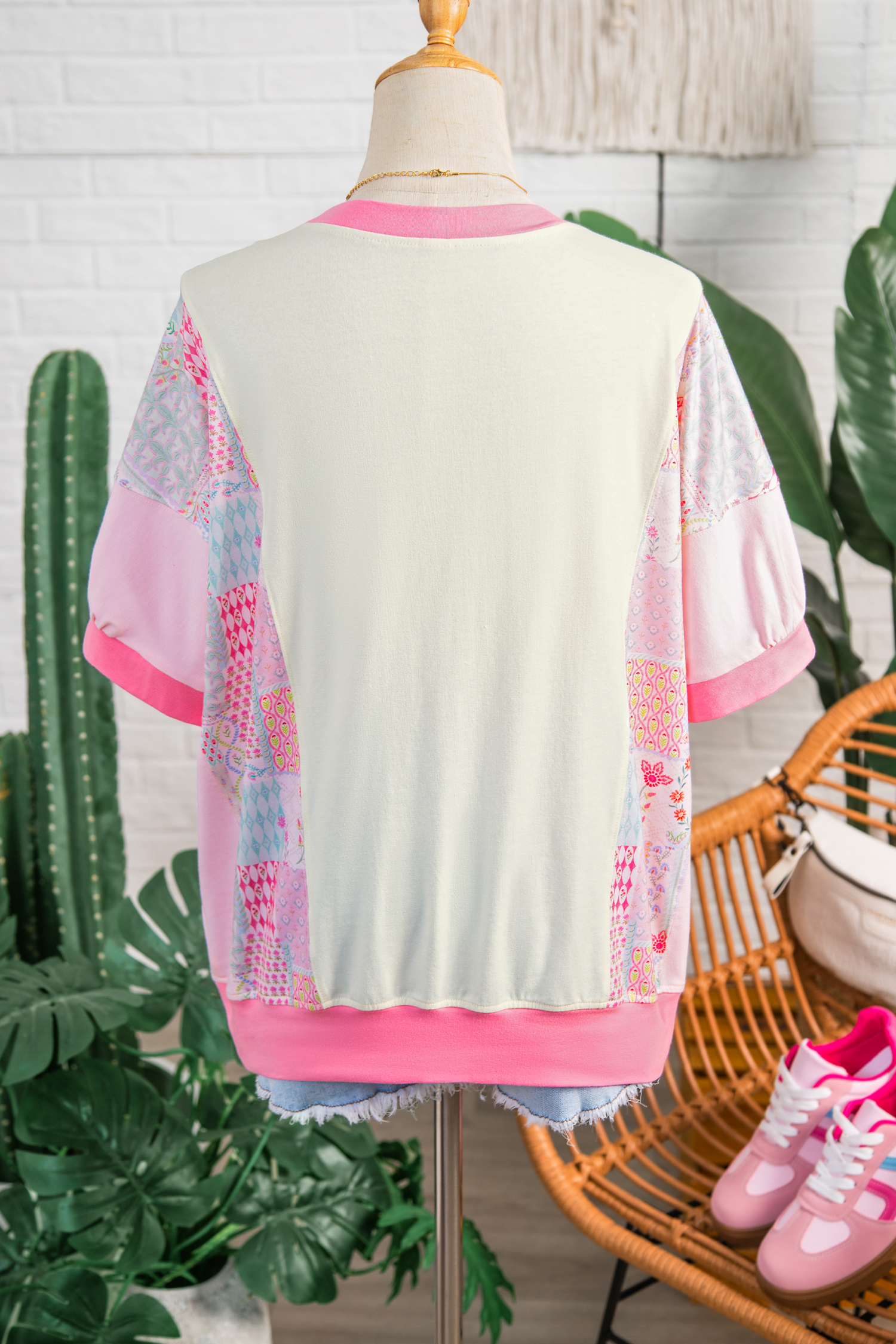 Beige Color Block Floral Patchwork Big Flower Accent Relaxed Top view 11