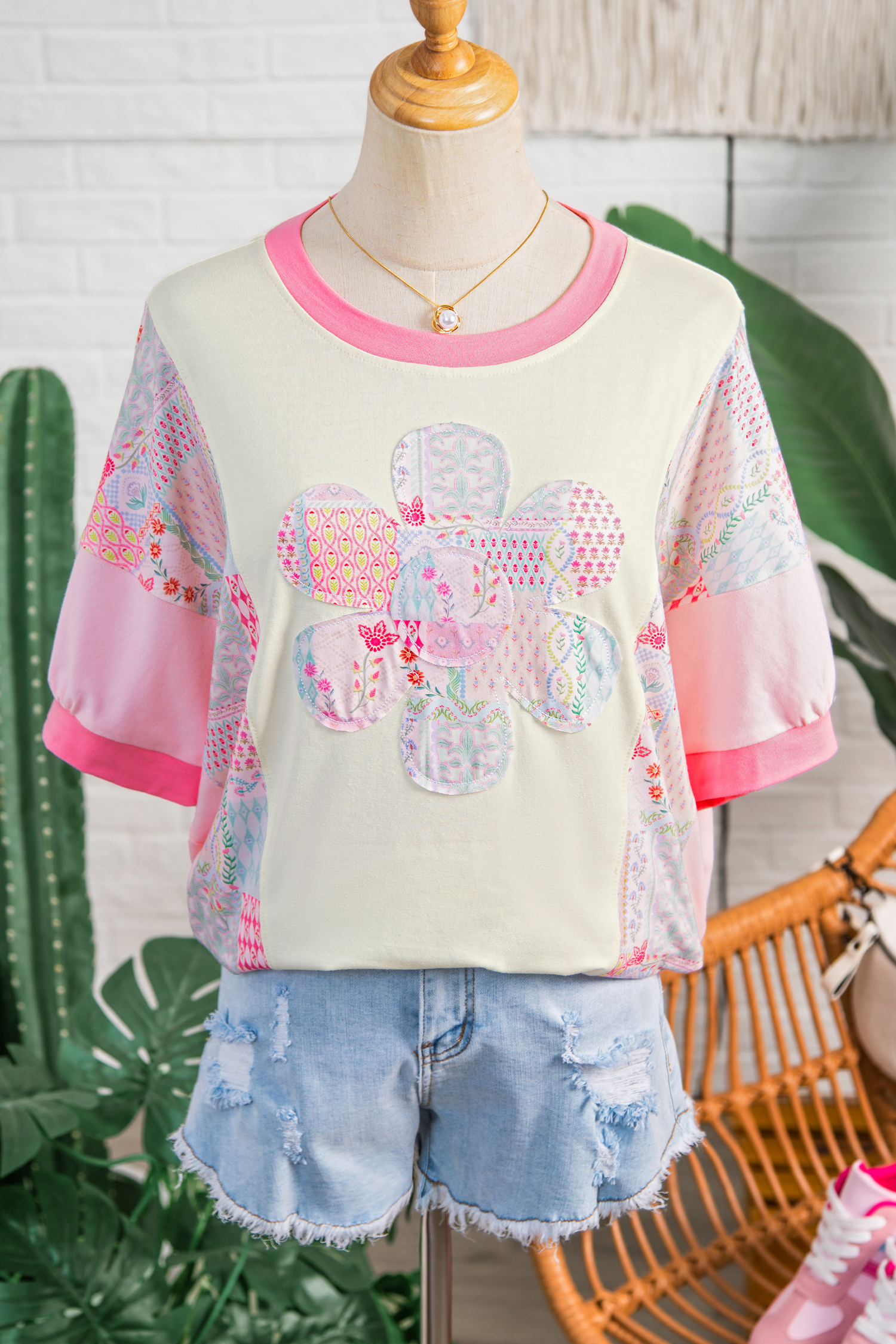 Beige Color Block Floral Patchwork Big Flower Accent Relaxed Top view 12
