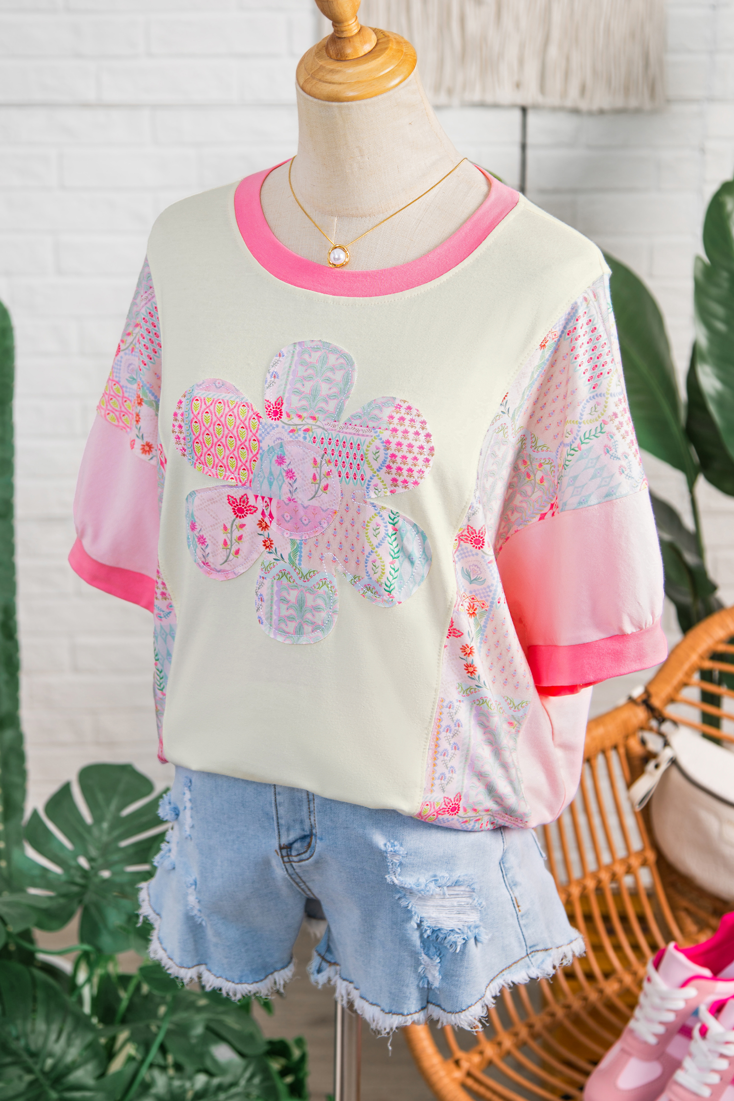 Beige Color Block Floral Patchwork Big Flower Accent Relaxed Top view 13
