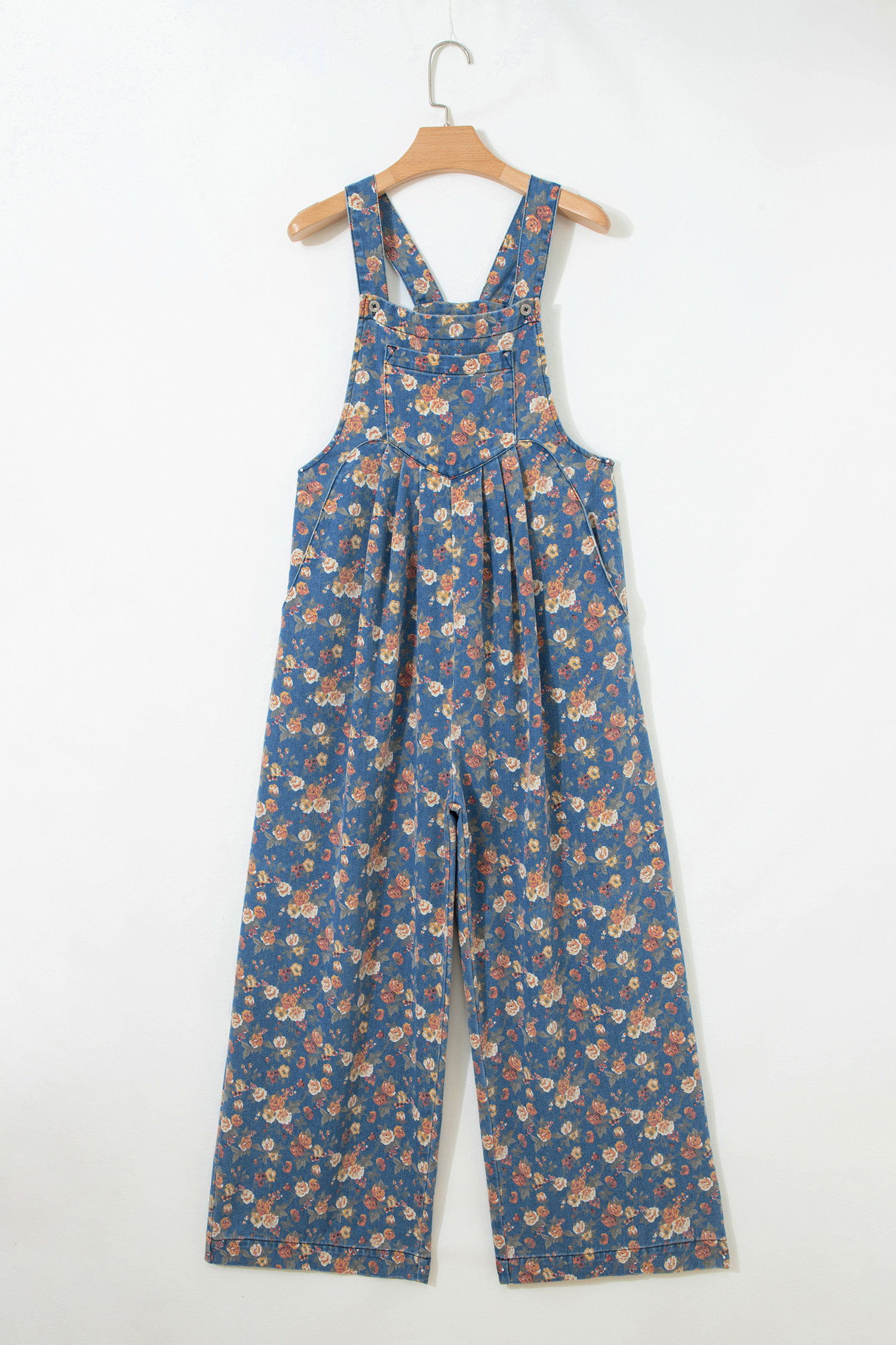 Blue Vintage Rose Printed Pleated Loose Denim Overall Jumpsuit view 11