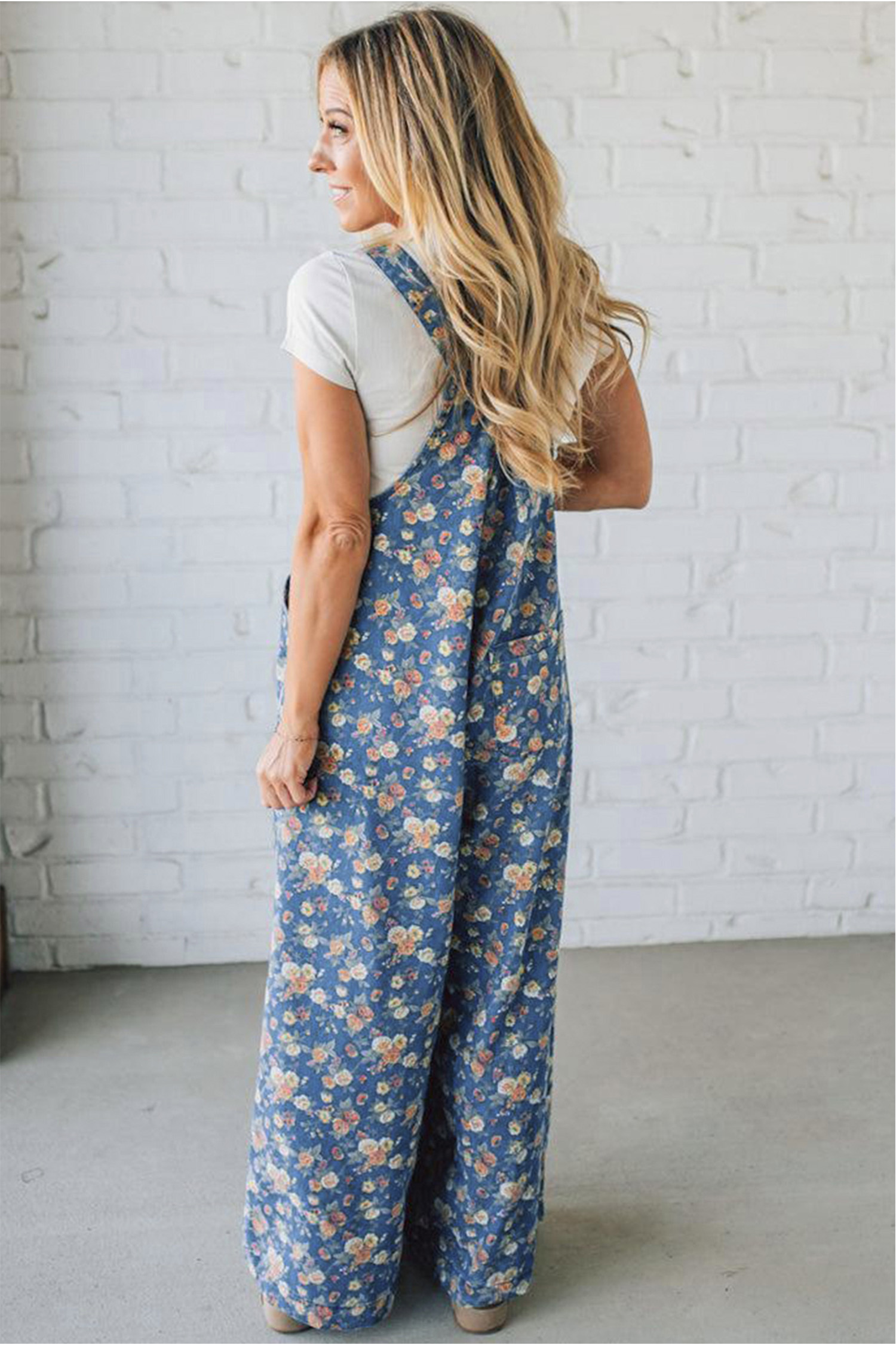 Blue Vintage Rose Printed Pleated Loose Denim Overall Jumpsuit view 2
