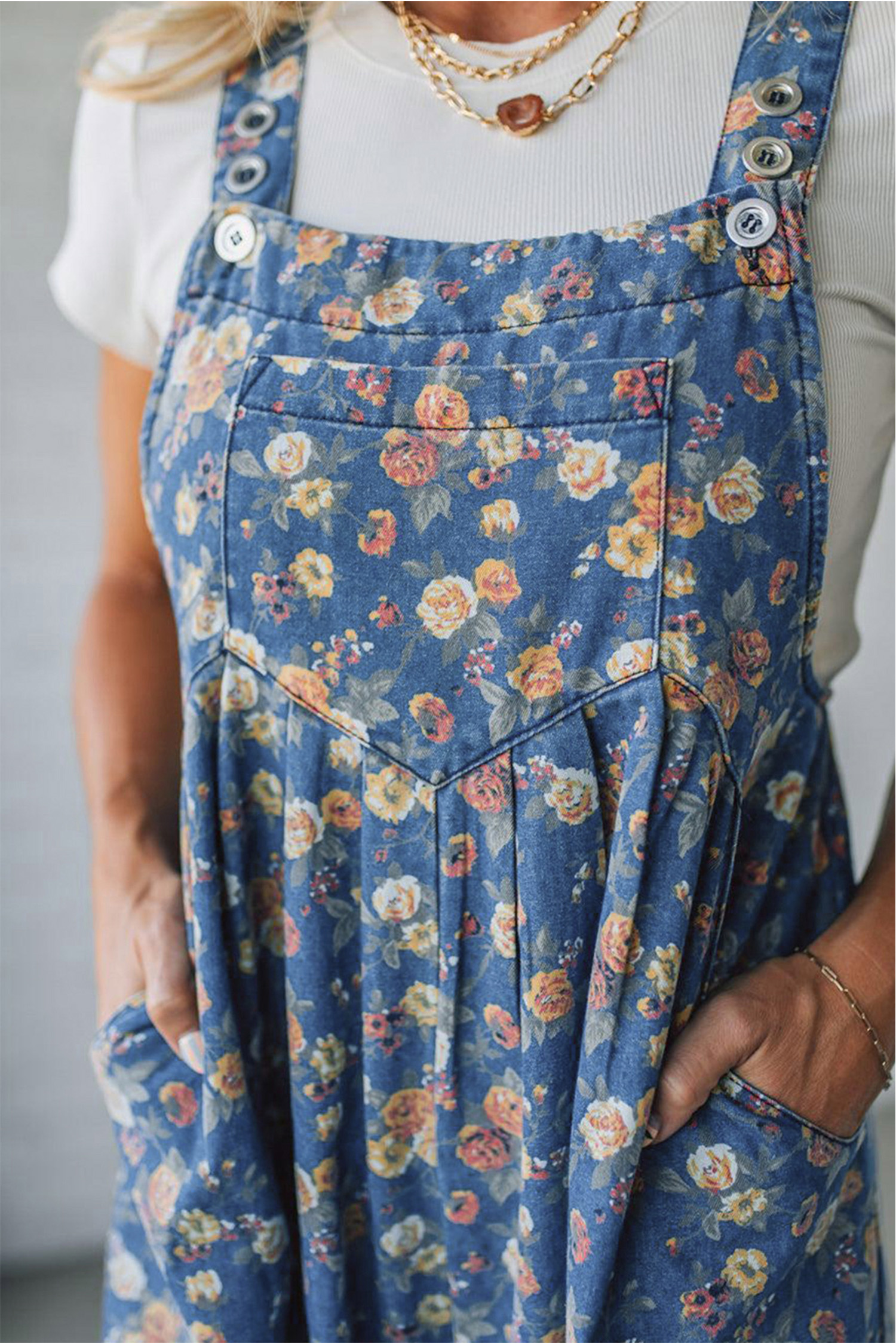 Blue Vintage Rose Printed Pleated Loose Denim Overall Jumpsuit view 7