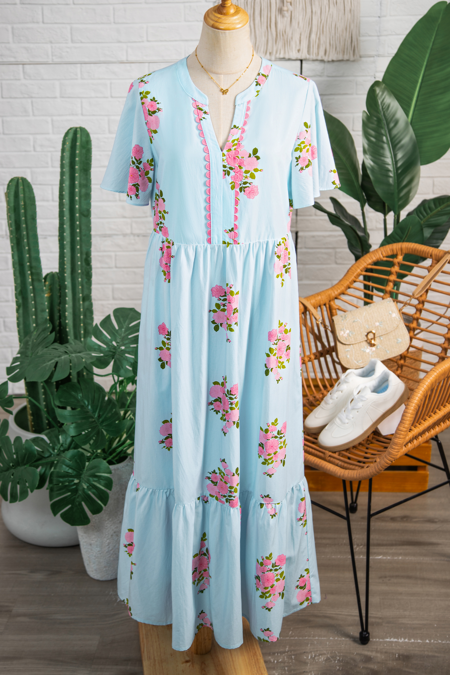 Sky Blue Notched Neck Flutter Short Sleeve Floral Print Maxi Dress view 16