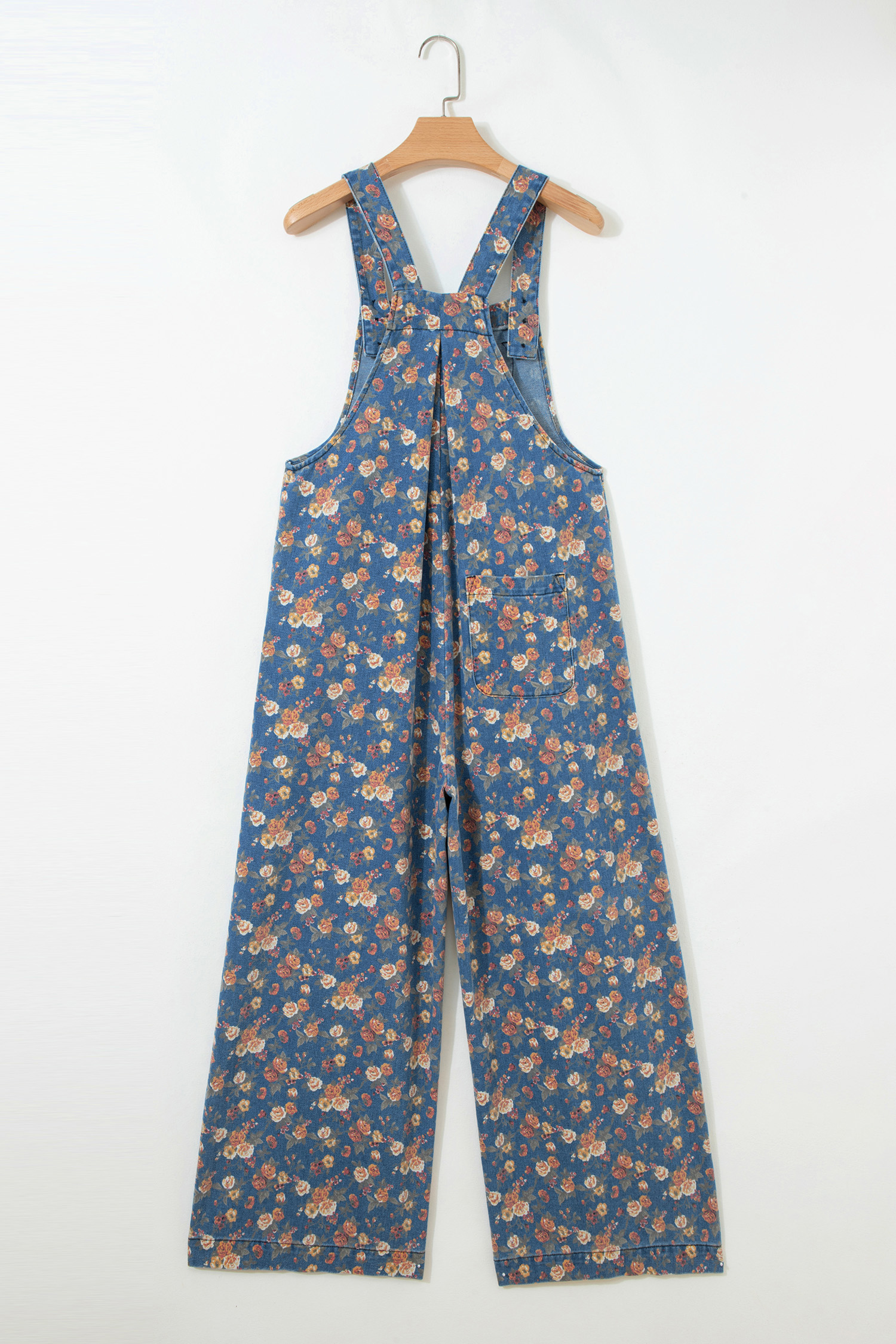 Blue Vintage Rose Printed Pleated Loose Denim Overall Jumpsuit view 12