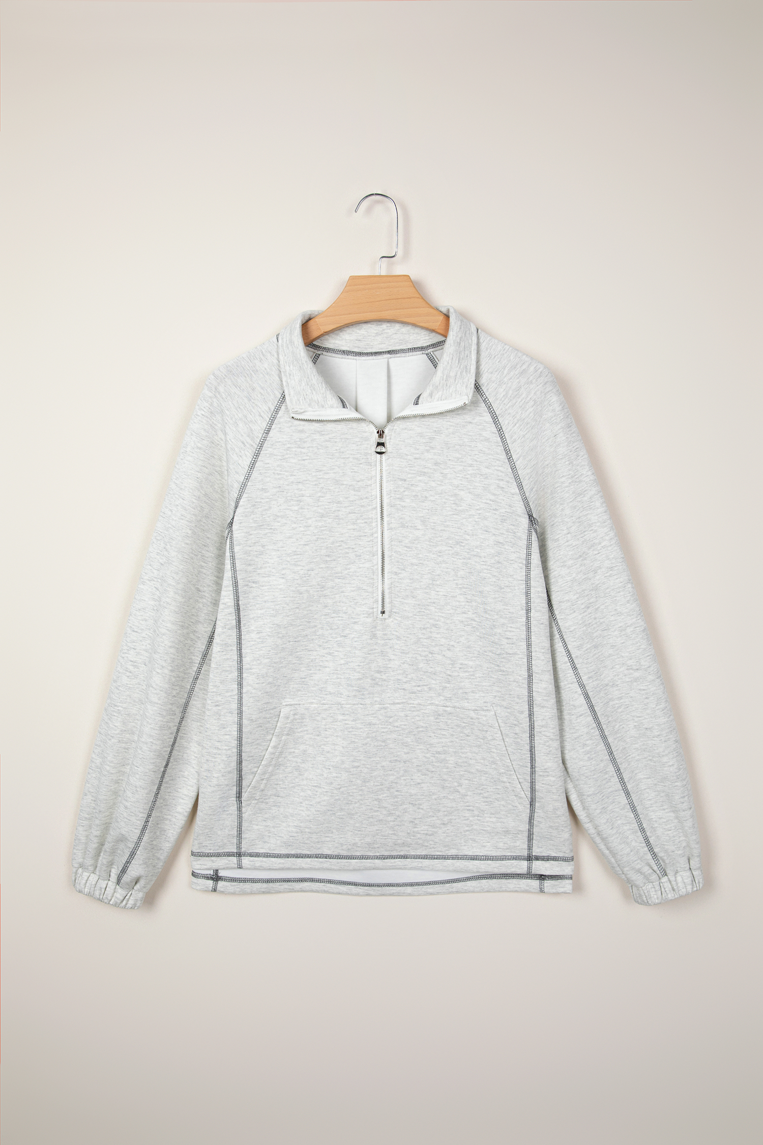 Light Grey Half Zip Stand Neck Seam Detail Long Sleeve Top view 5
