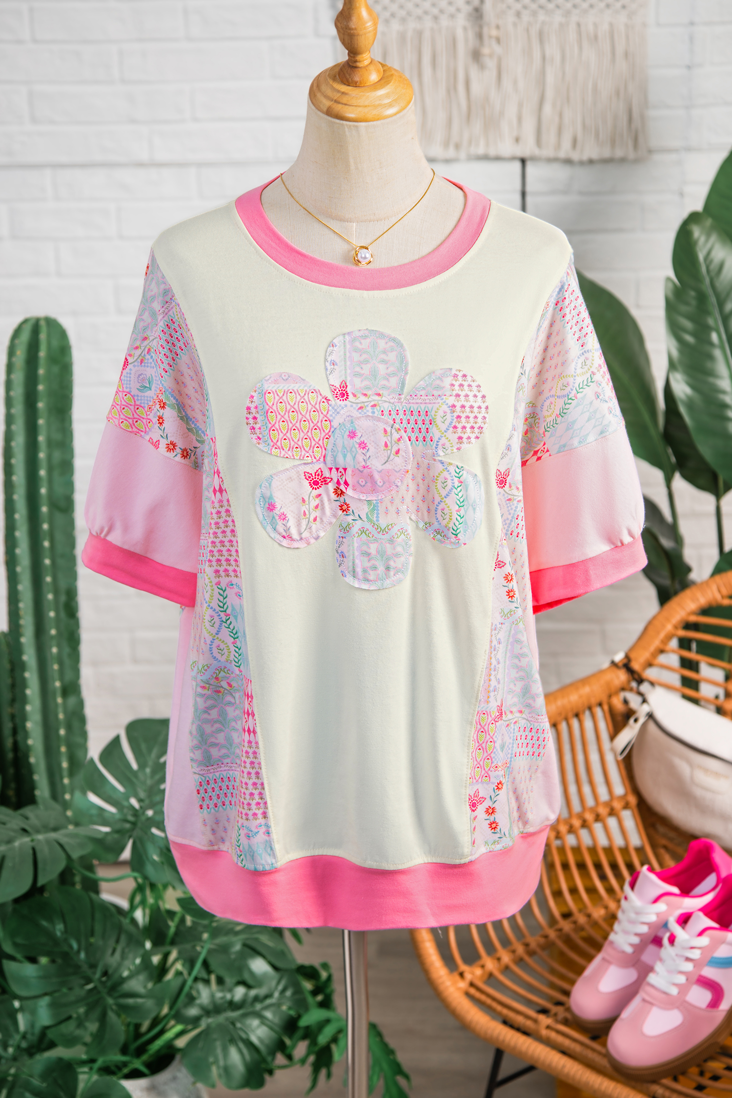 Beige Color Block Floral Patchwork Big Flower Accent Relaxed Top view 10