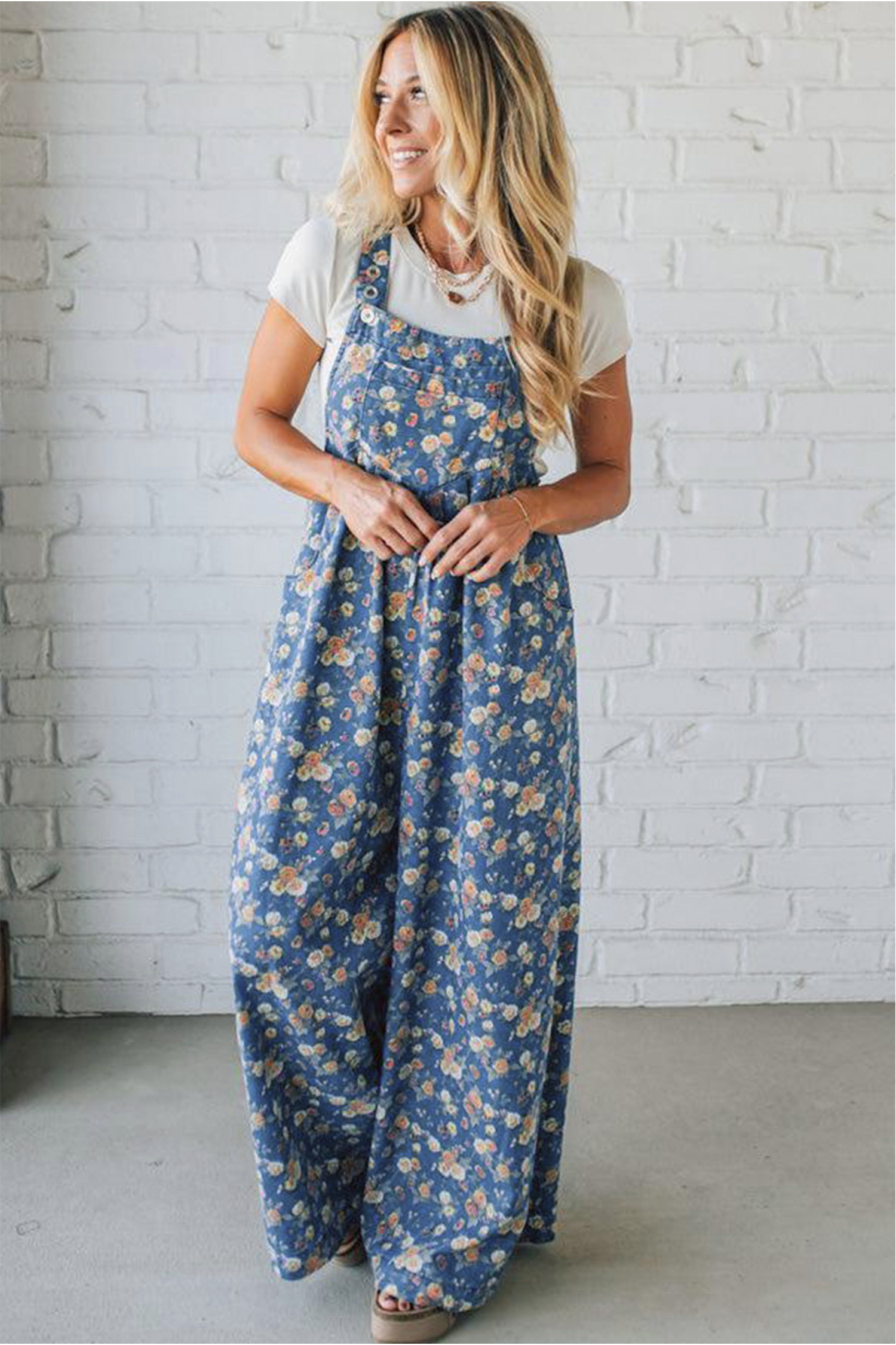 Blue Vintage Rose Printed Pleated Loose Denim Overall Jumpsuit view 4