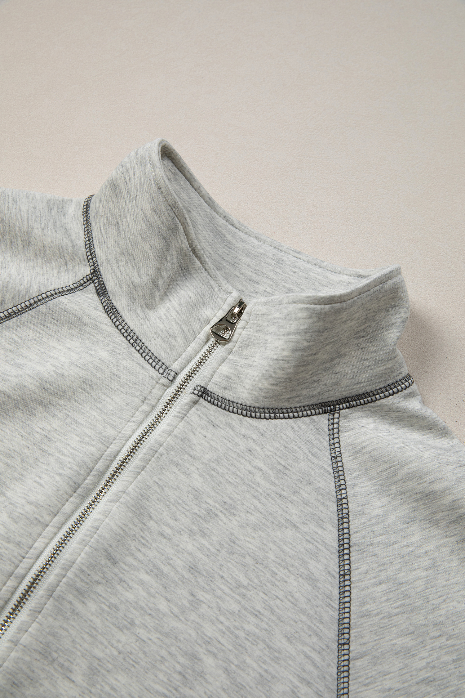 Light Grey Half Zip Stand Neck Seam Detail Long Sleeve Top view 11