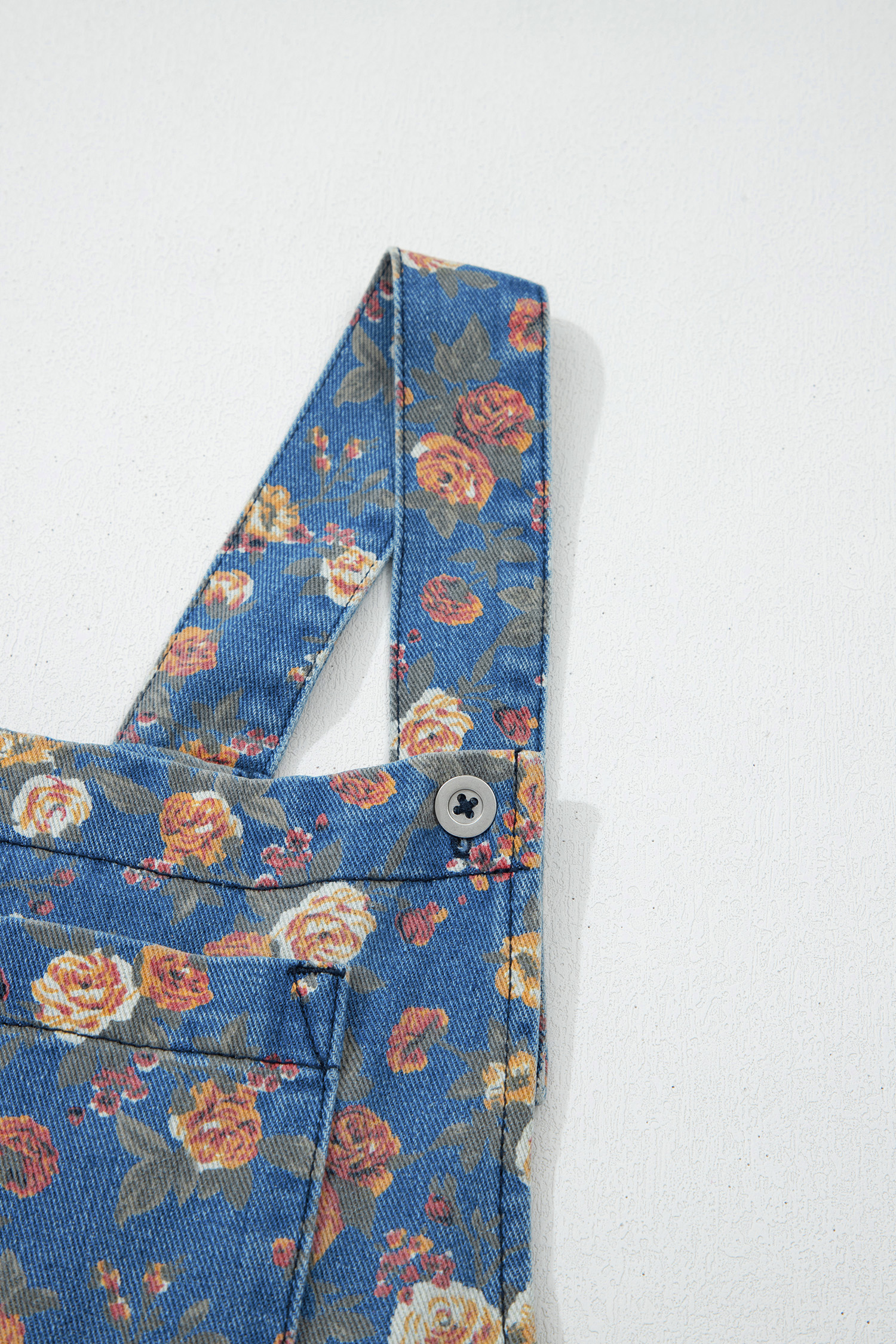 Blue Vintage Rose Printed Pleated Loose Denim Overall Jumpsuit view 17