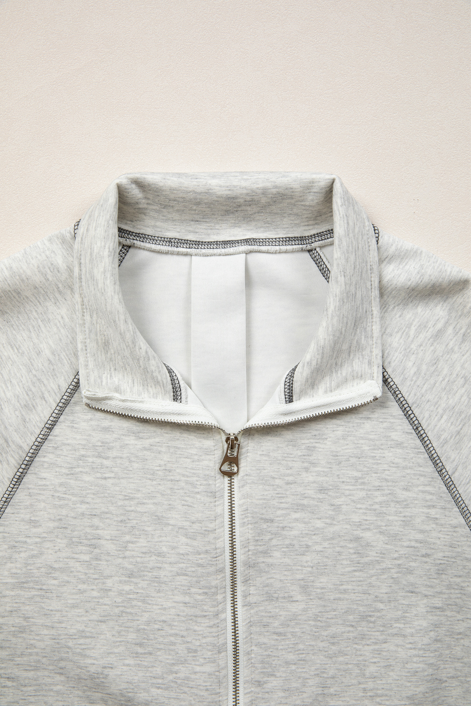 Light Grey Half Zip Stand Neck Seam Detail Long Sleeve Top view 7