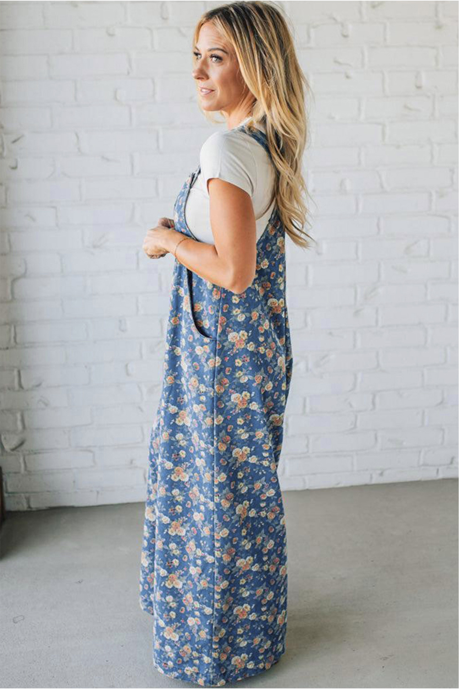 Blue Vintage Rose Printed Pleated Loose Denim Overall Jumpsuit view 3