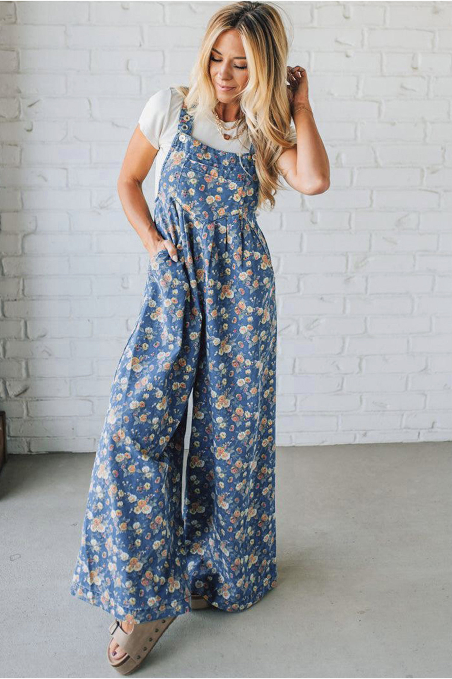 Blue Vintage Rose Printed Pleated Loose Denim Overall Jumpsuit view 6