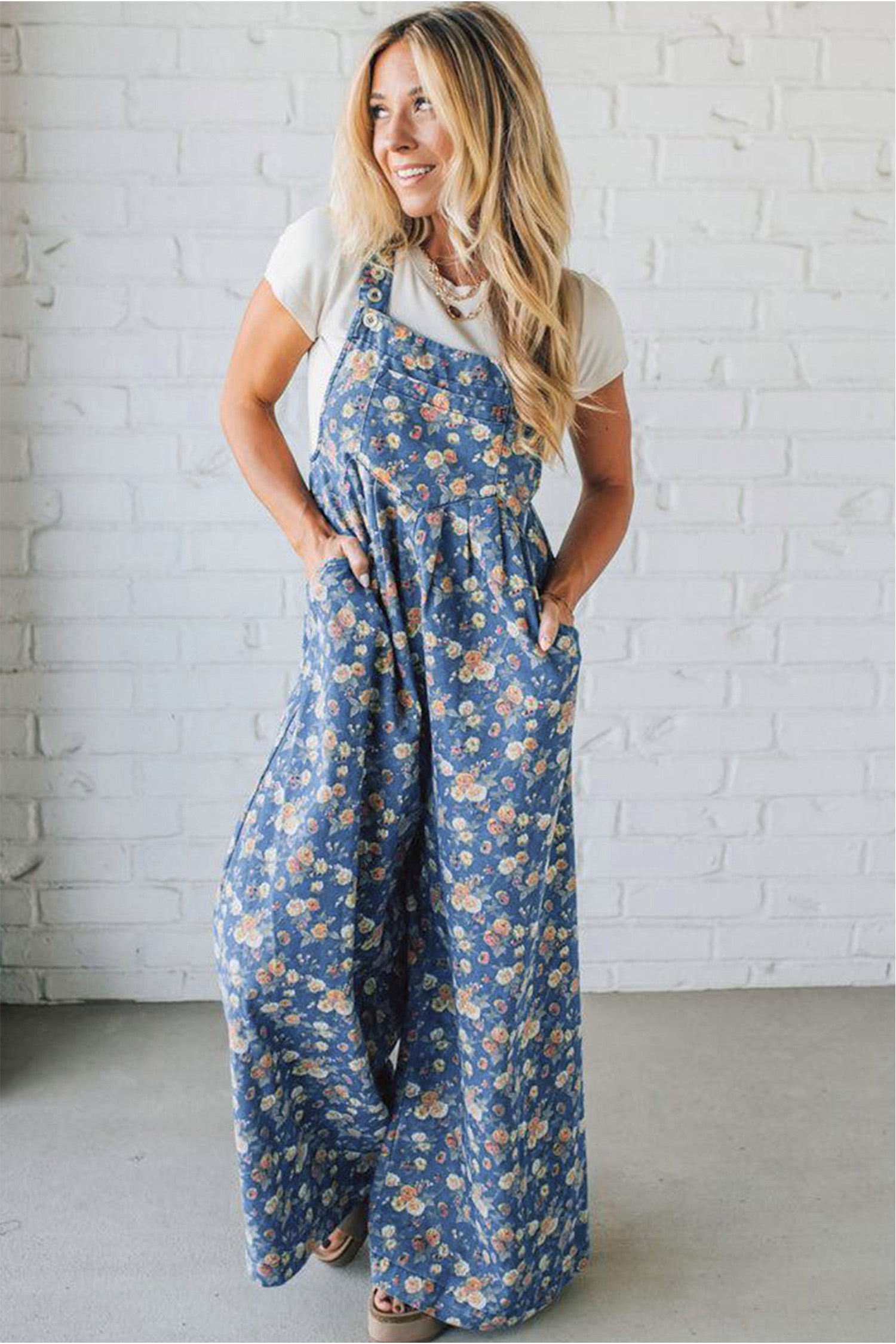 Blue Vintage Rose Printed Pleated Loose Denim Overall Jumpsuit view 10