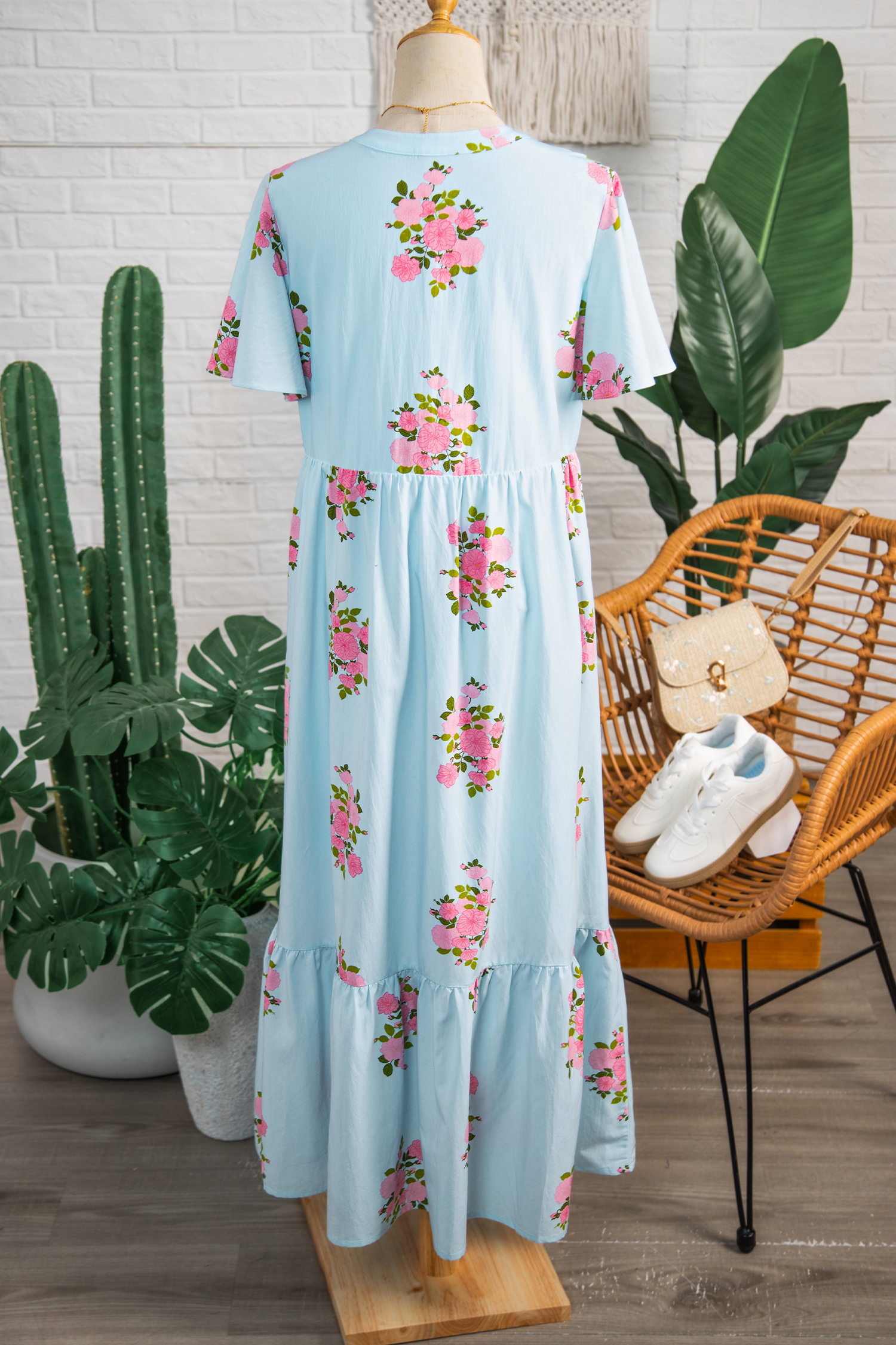 Sky Blue Notched Neck Flutter Short Sleeve Floral Print Maxi Dress view 17