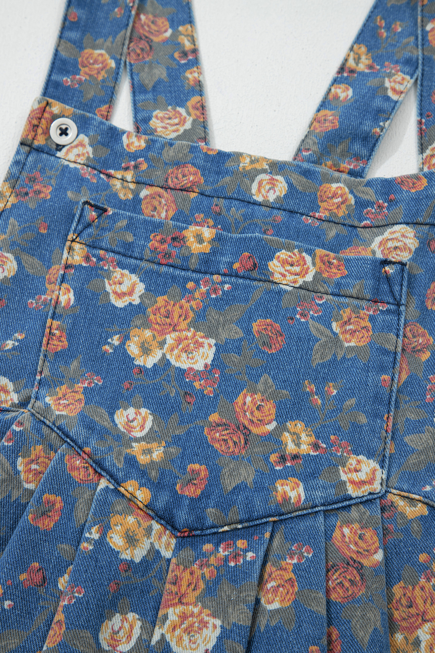 Blue Vintage Rose Printed Pleated Loose Denim Overall Jumpsuit view 16