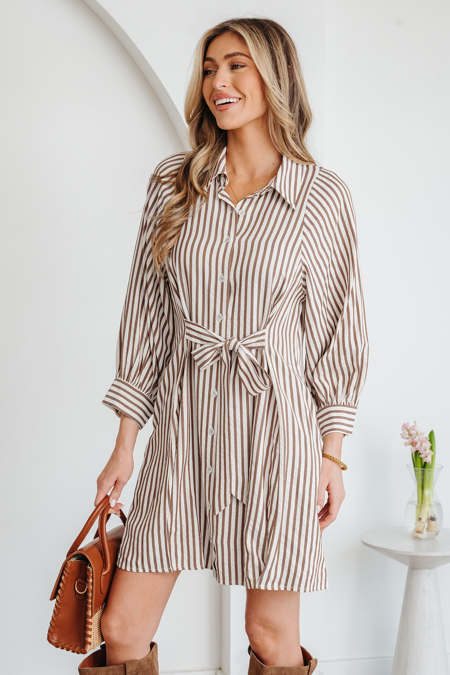 Brown Stripe Knot Waist Puff Sleeve Button Down Mini Shirt Dress view 4