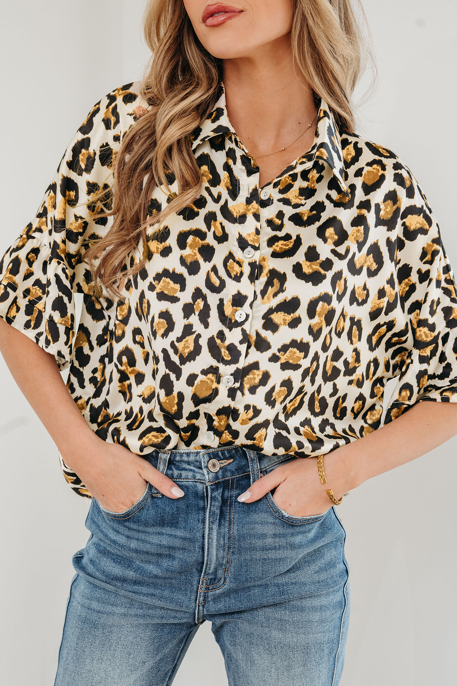 Khaki Leopard Print Ruffle Trim 3/4 Sleeve Loose Shirt view 10