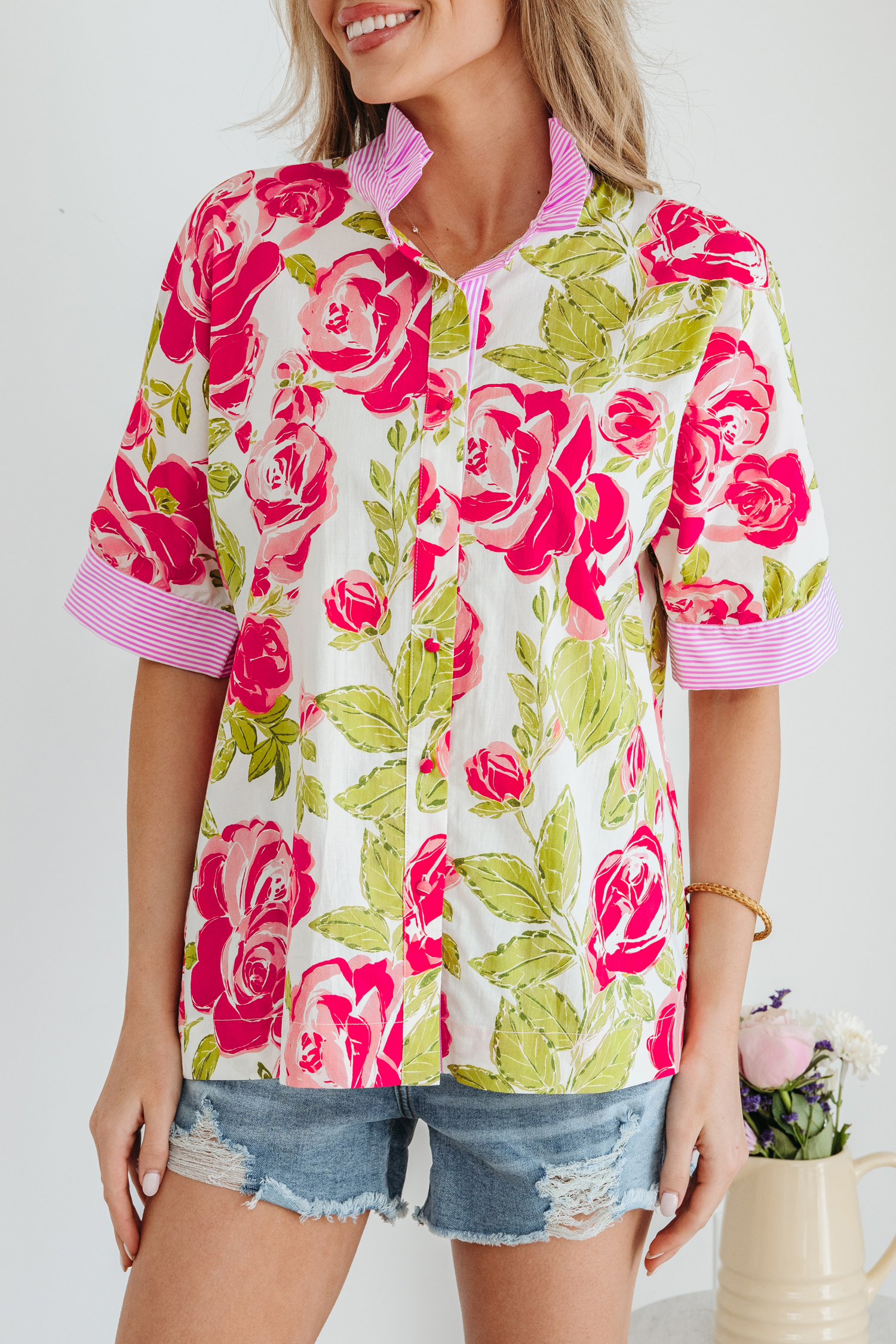 Pink Flower Print Striped Trim Frilled Collar Short Sleeve Shirt view 7