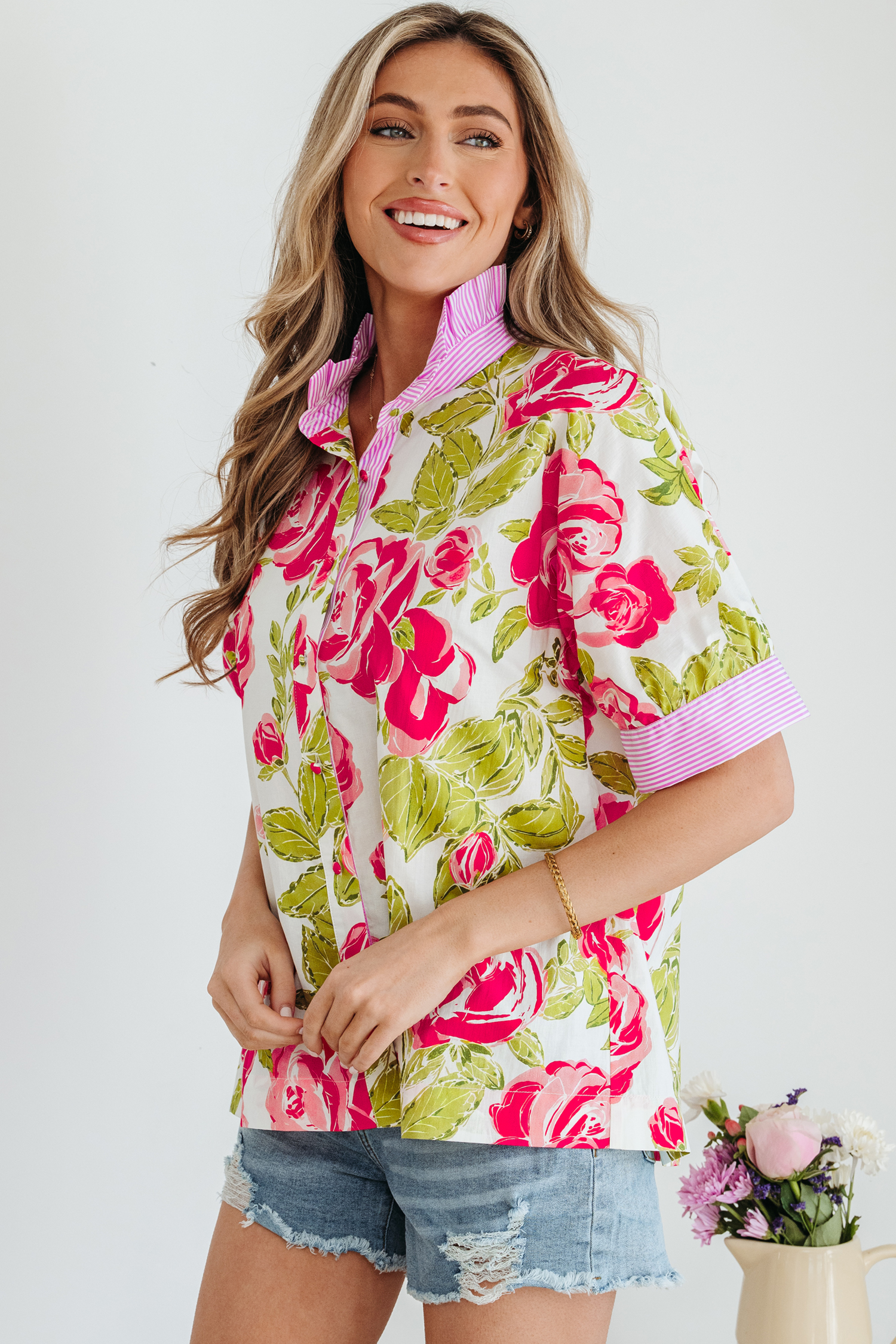 Pink Flower Print Striped Trim Frilled Collar Short Sleeve Shirt view 3