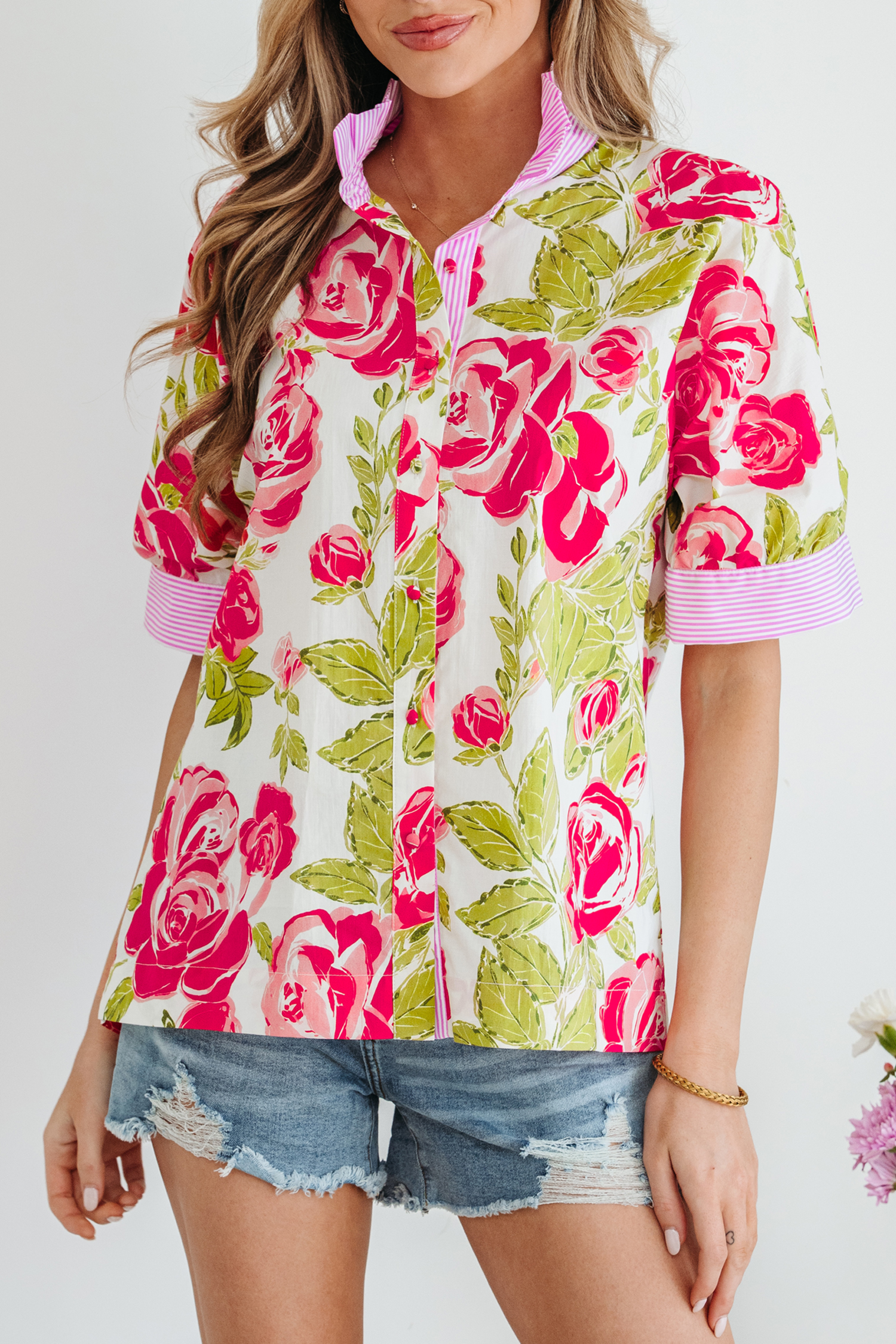 Pink Flower Print Striped Trim Frilled Collar Short Sleeve Shirt view 8