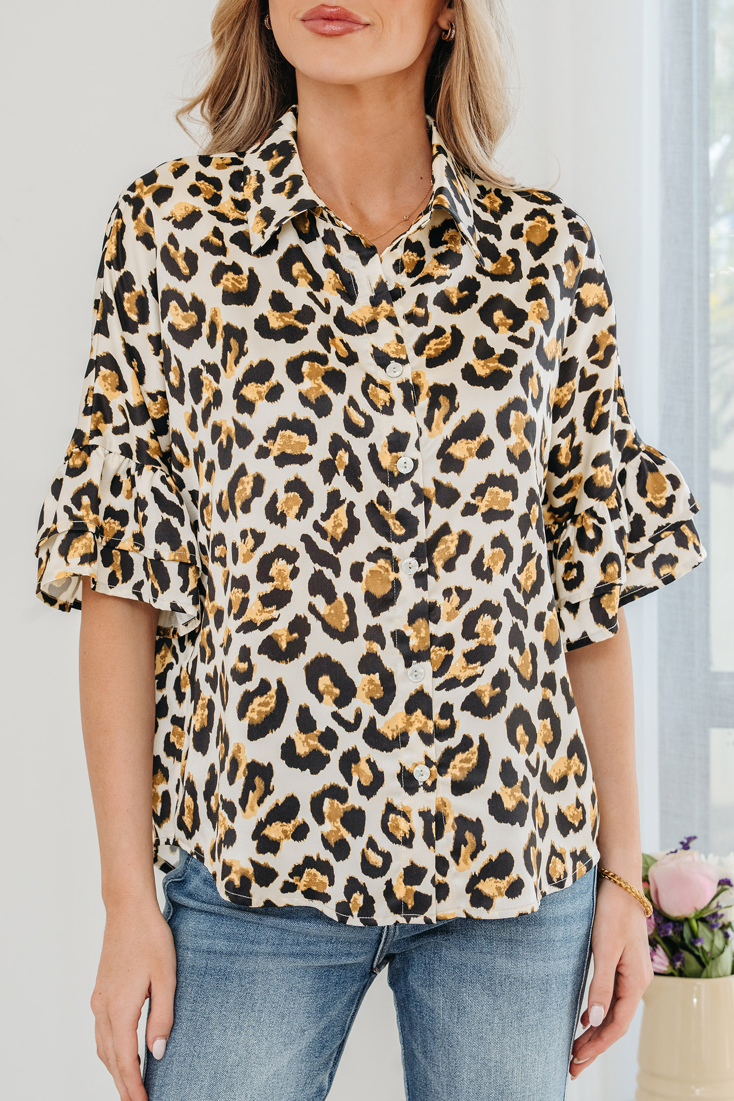 Khaki Leopard Print Ruffle Trim 3/4 Sleeve Loose Shirt view 8