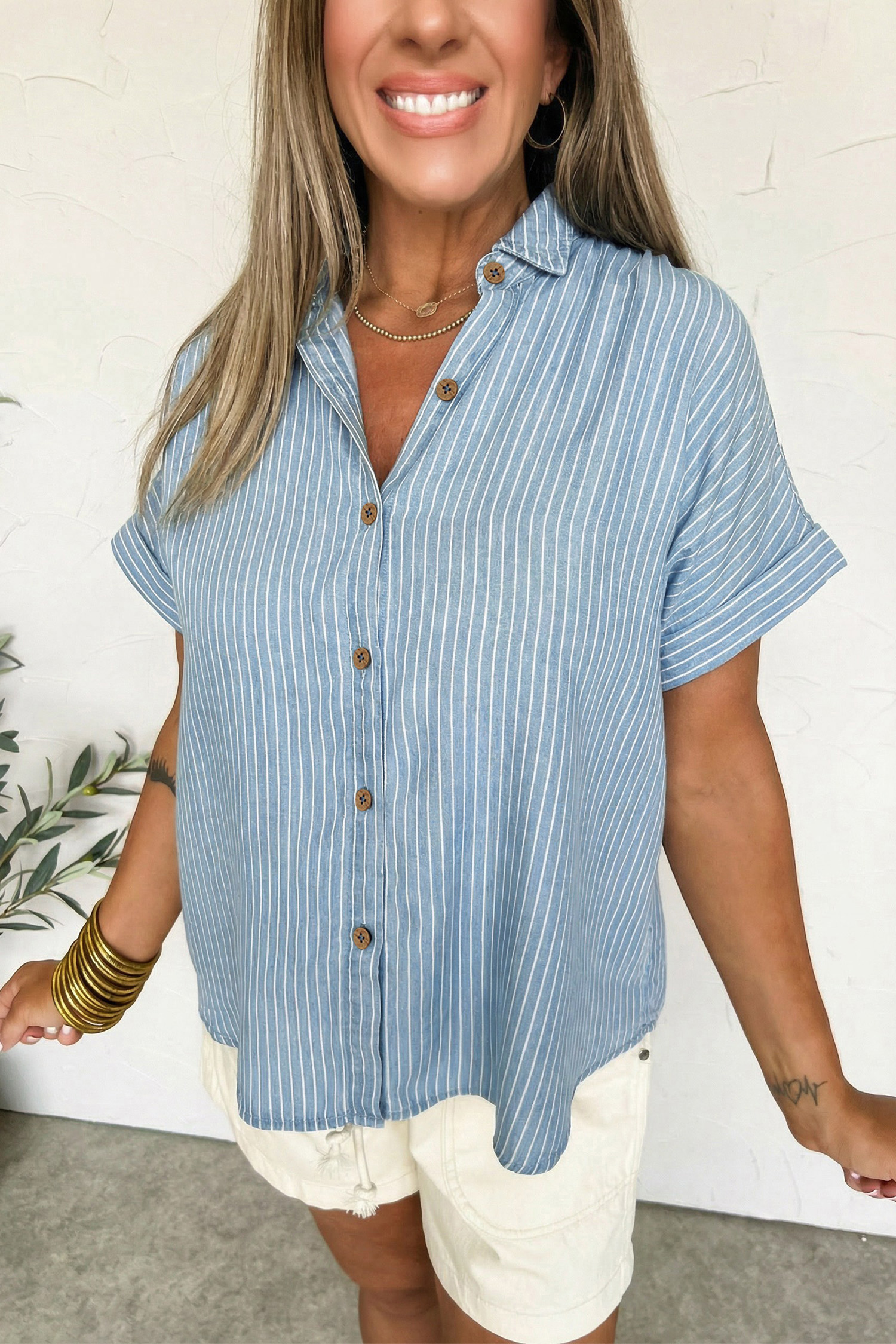 Sky Blue Stripe Cuffed Short Sleeve Button up Loose Shirt view 9