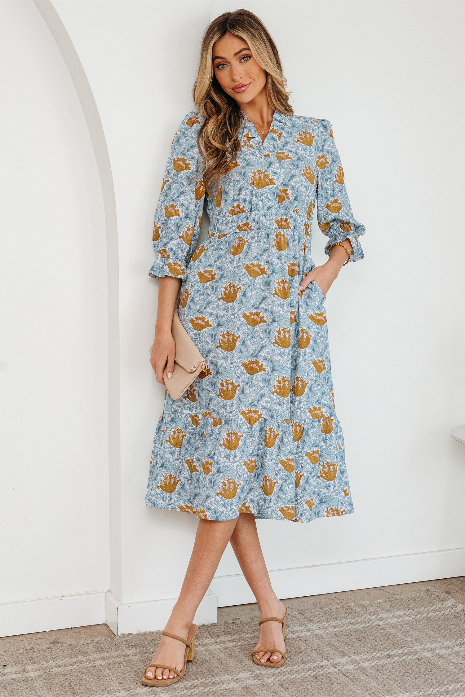 Brown Floral Printed Frilled V Neck Bracelet Sleeve Long Dress view 10