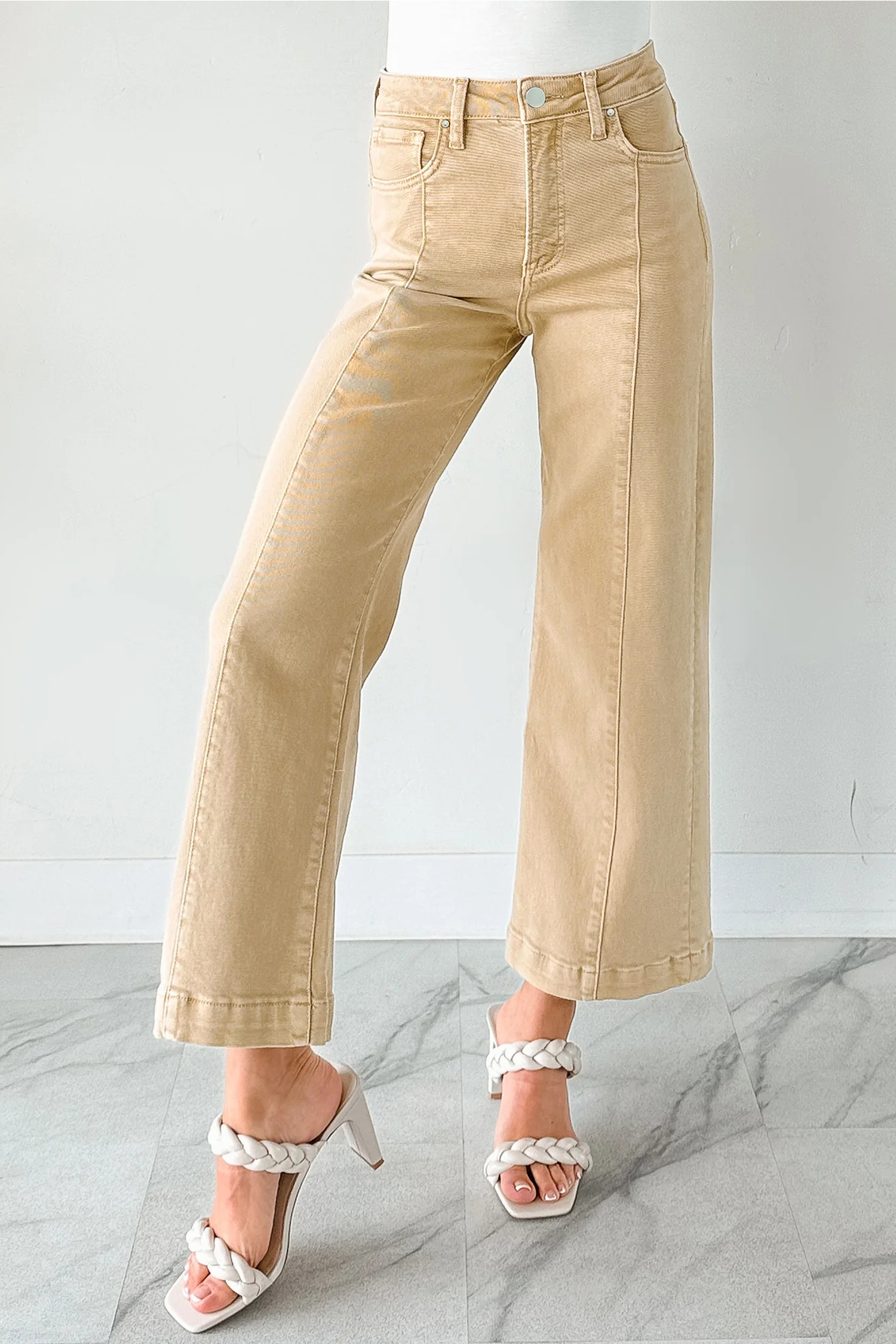 Apricot Solid Color Seamed Center Wide Leg Cropped Jeans view 4