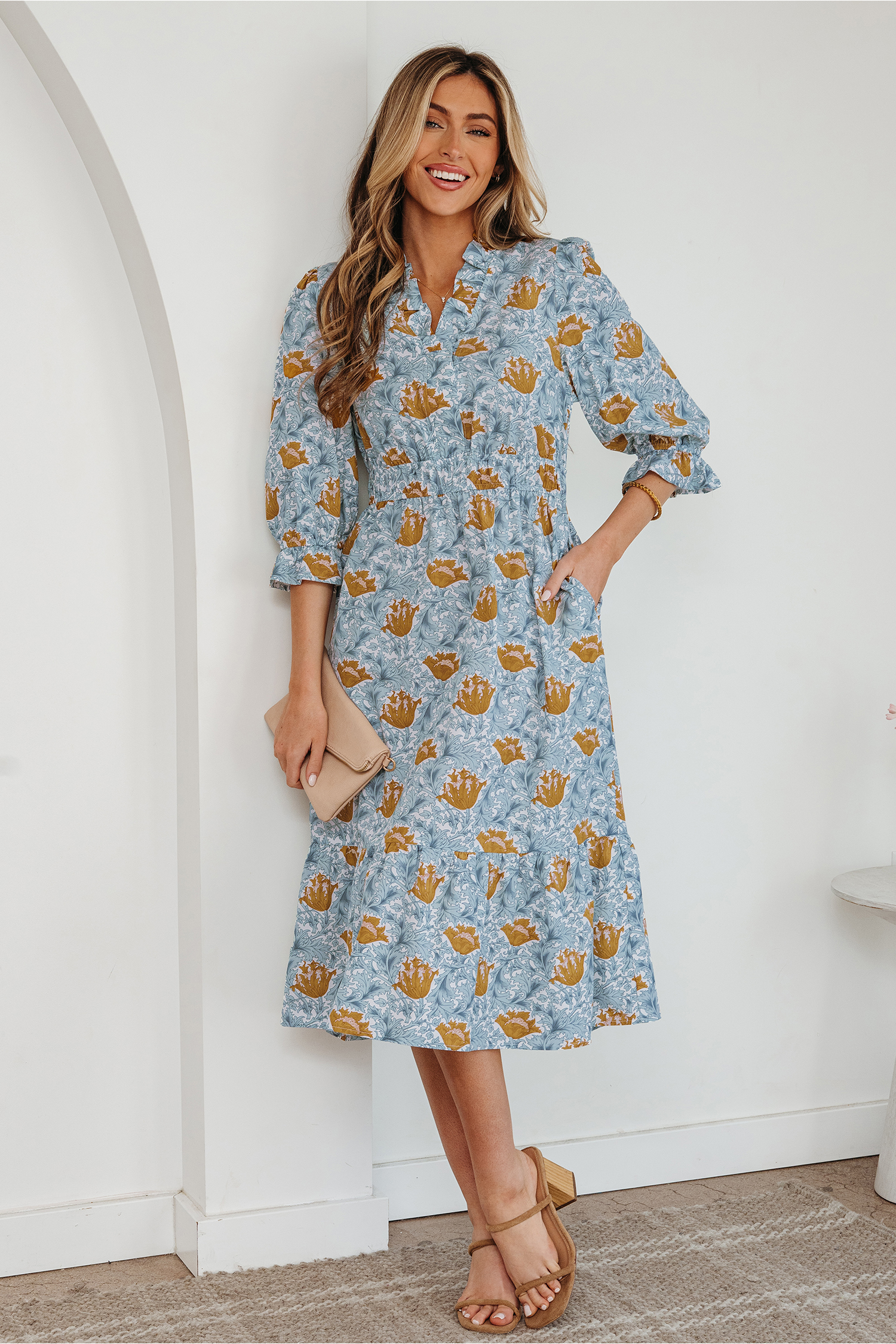 Brown Floral Printed Frilled V Neck Bracelet Sleeve Long Dress view 7