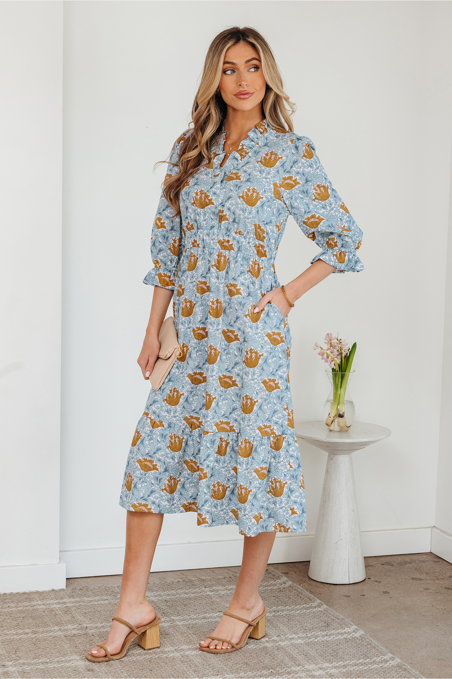 Brown Floral Printed Frilled V Neck Bracelet Sleeve Long Dress view 5