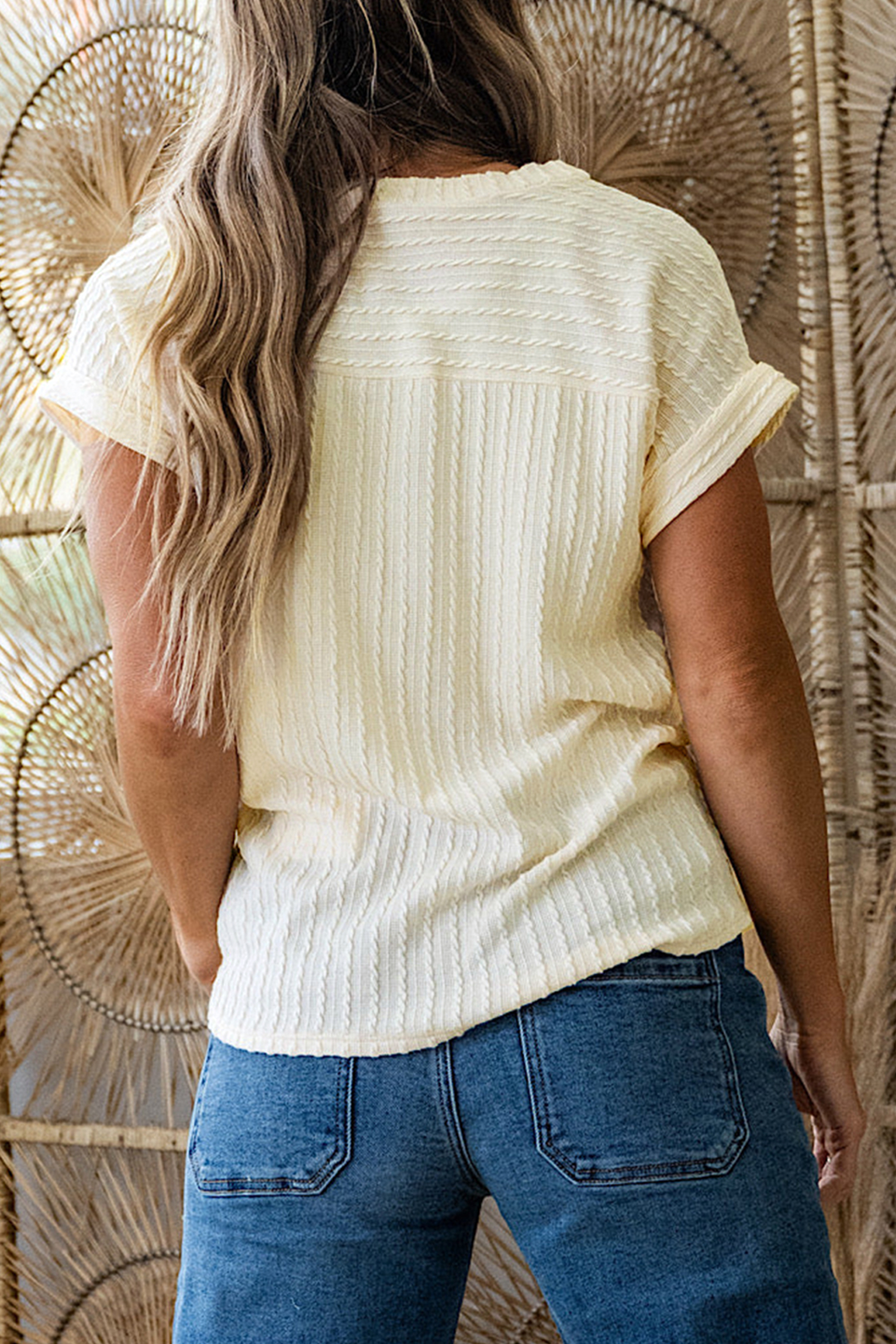 Beige Twisted Texture Knit V Neck T Shirt view 2