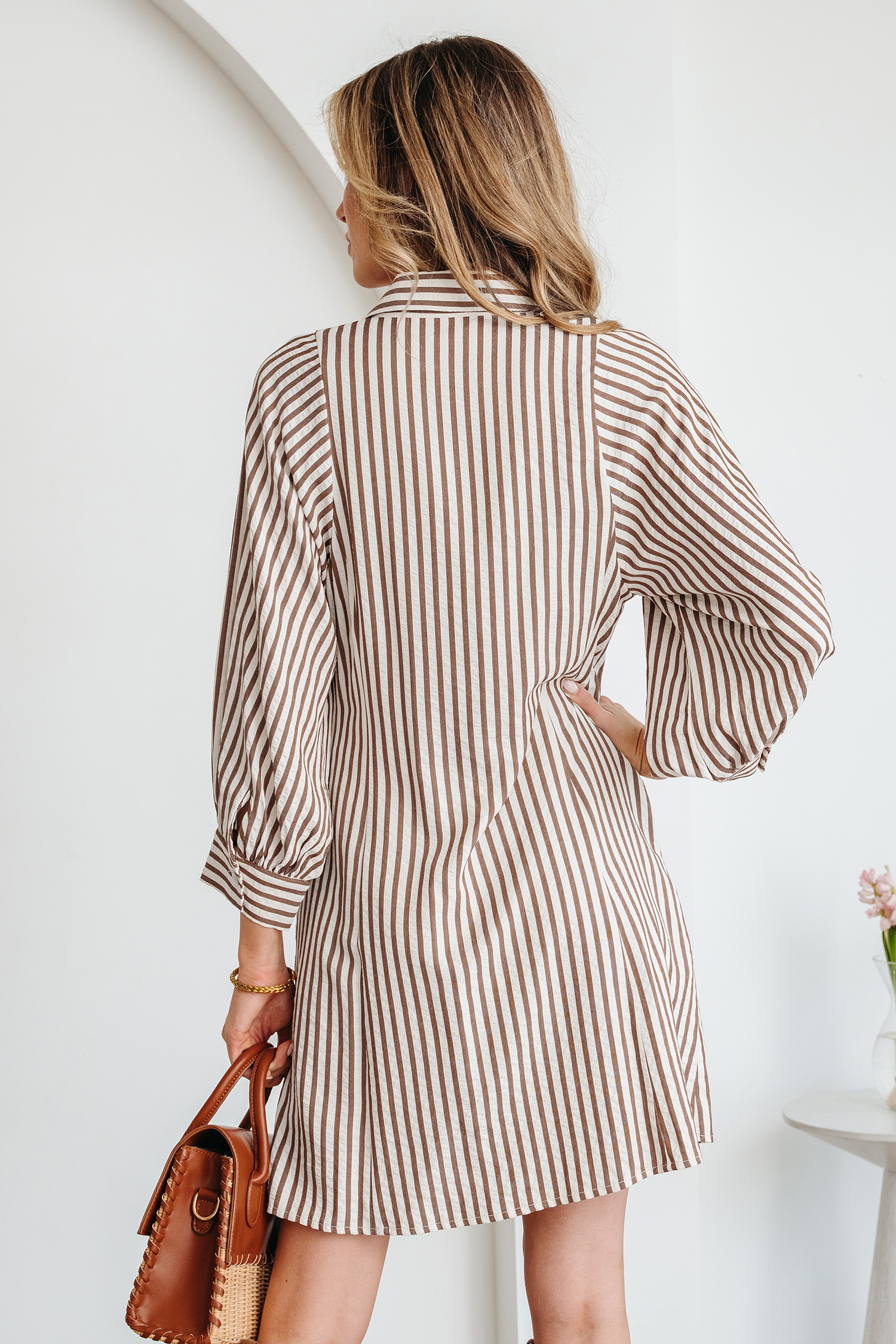 Brown Stripe Knot Waist Puff Sleeve Button Down Mini Shirt Dress view 2