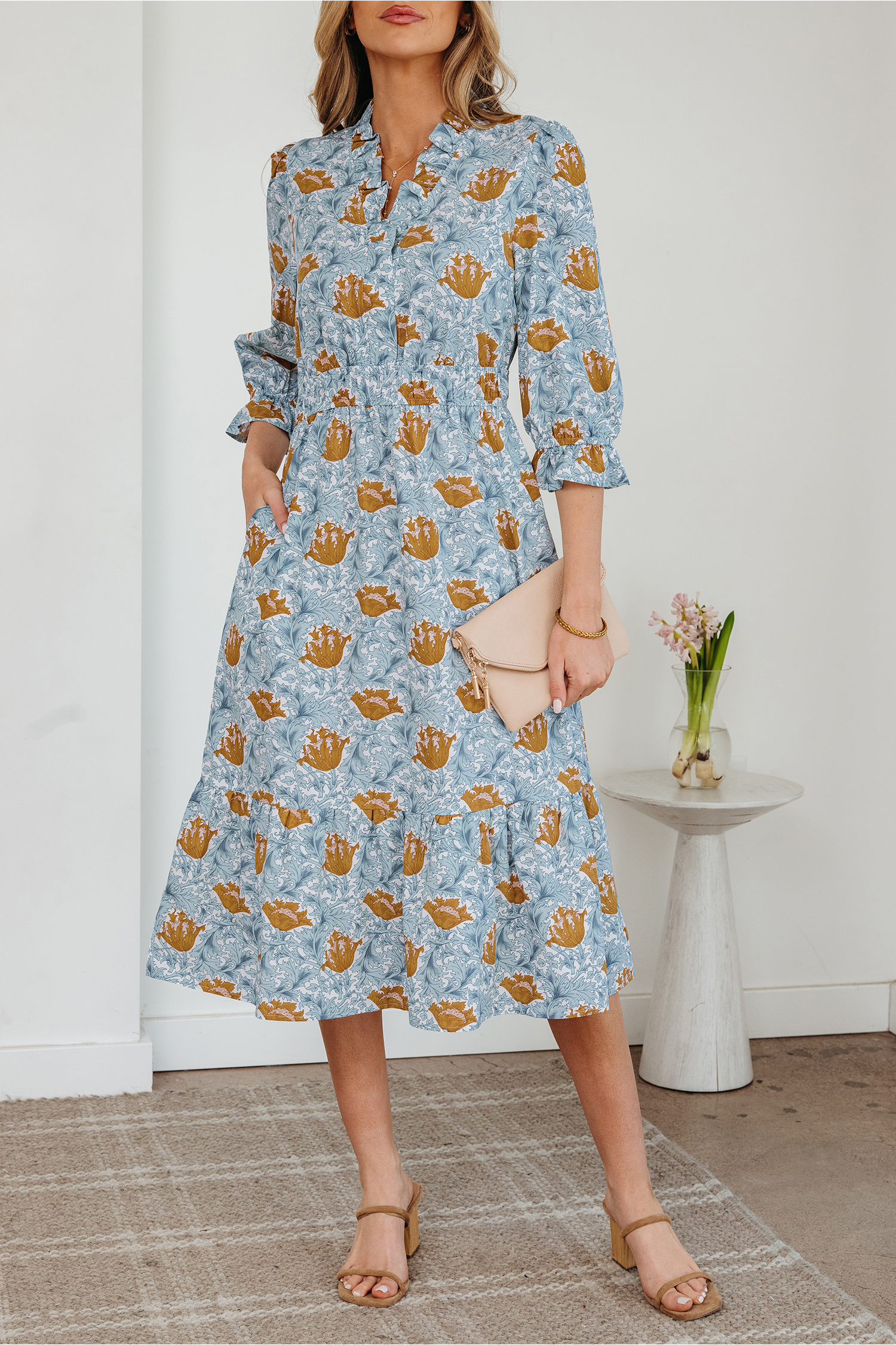 Brown Floral Printed Frilled V Neck Bracelet Sleeve Long Dress view 13