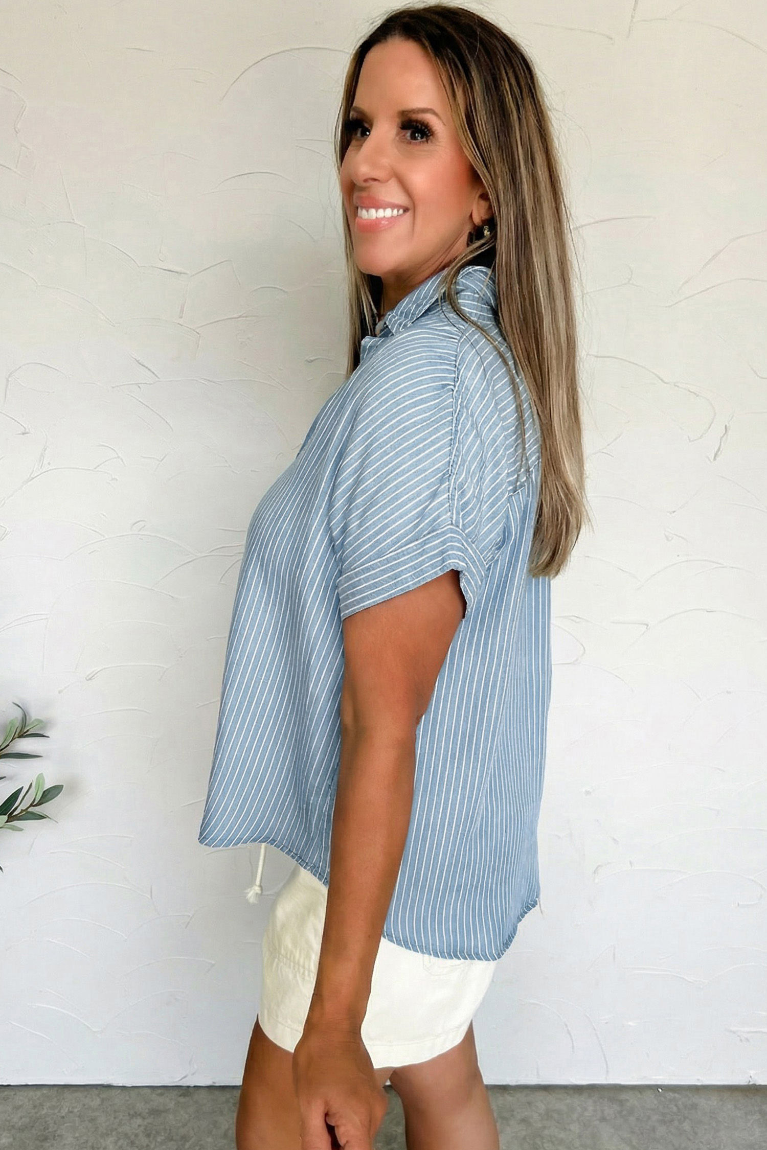 Sky Blue Stripe Cuffed Short Sleeve Button up Loose Shirt view 11
