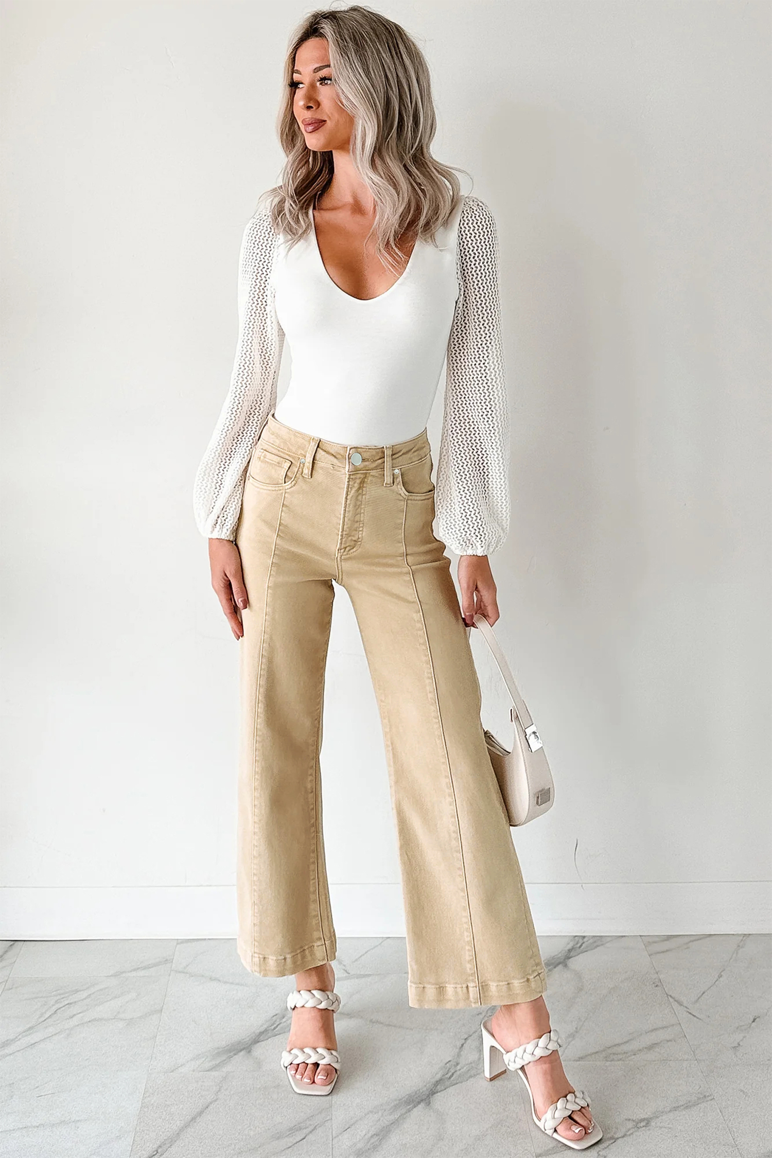 Apricot Solid Color Seamed Center Wide Leg Cropped Jeans view 6
