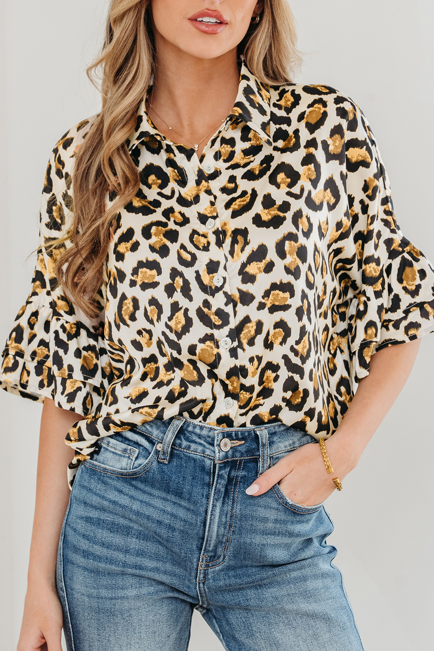 Khaki Leopard Print Ruffle Trim 3/4 Sleeve Loose Shirt view 9