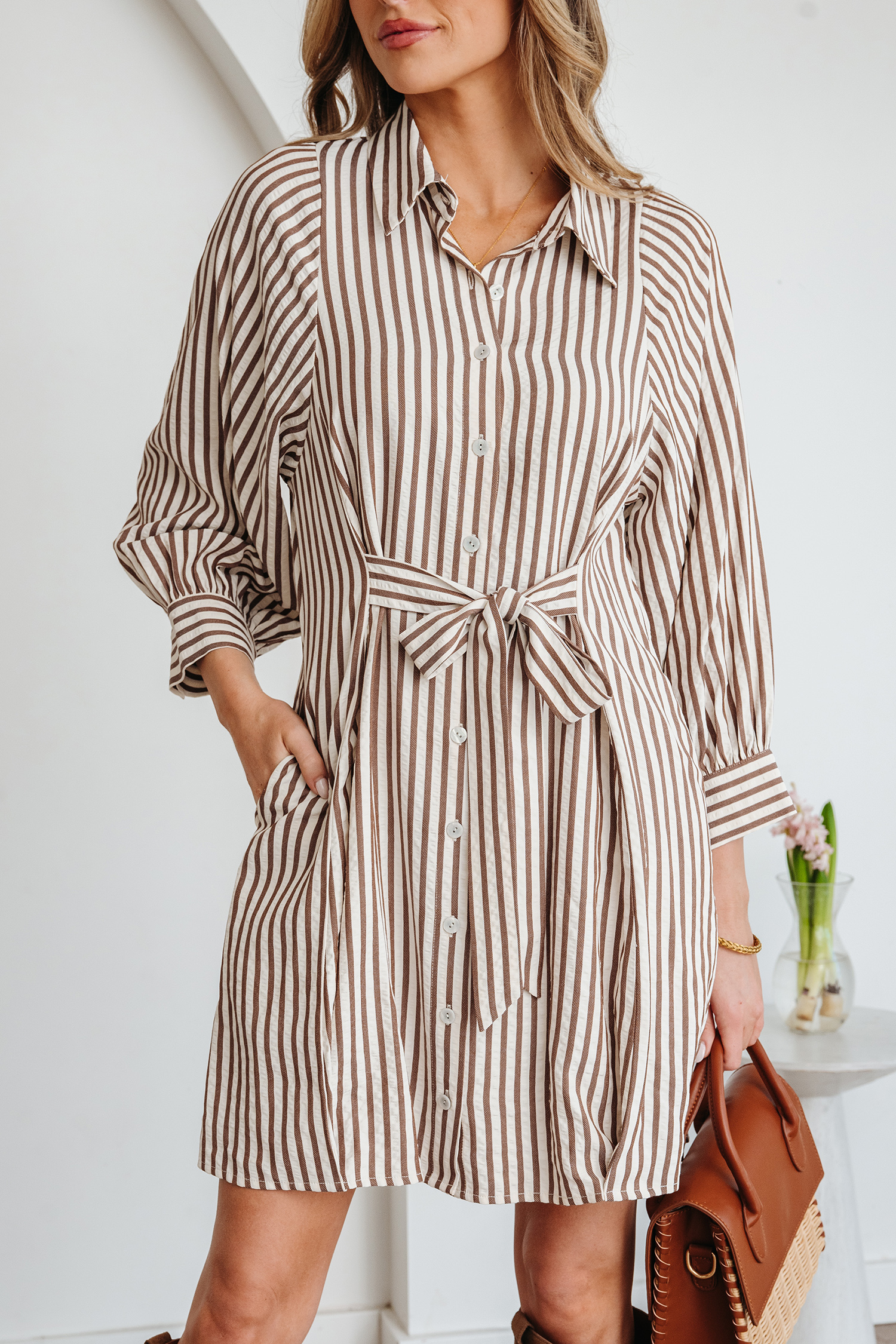 Brown Stripe Knot Waist Puff Sleeve Button Down Mini Shirt Dress view 8