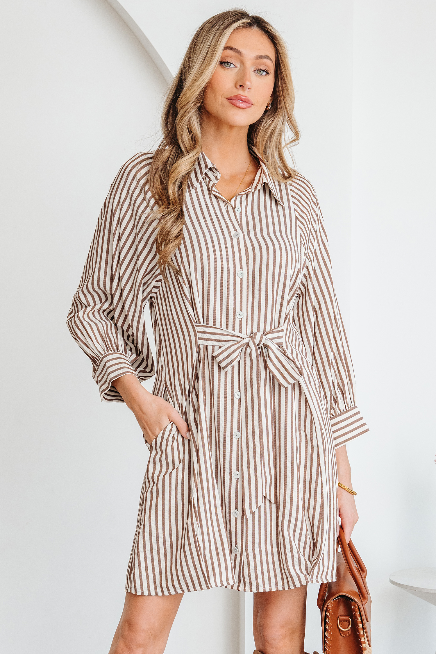 Brown Stripe Knot Waist Puff Sleeve Button Down Mini Shirt Dress view 5