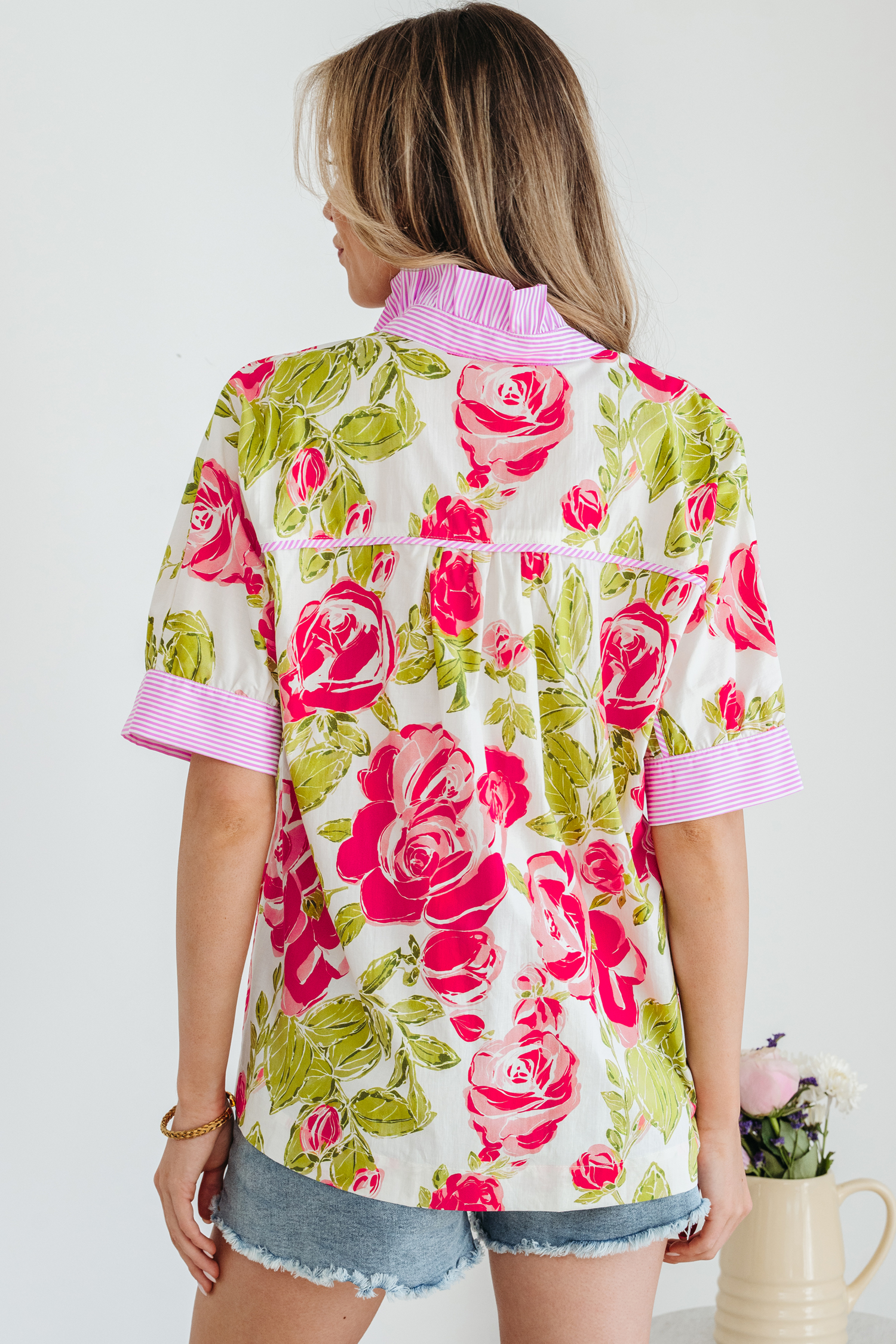 Pink Flower Print Striped Trim Frilled Collar Short Sleeve Shirt view 2