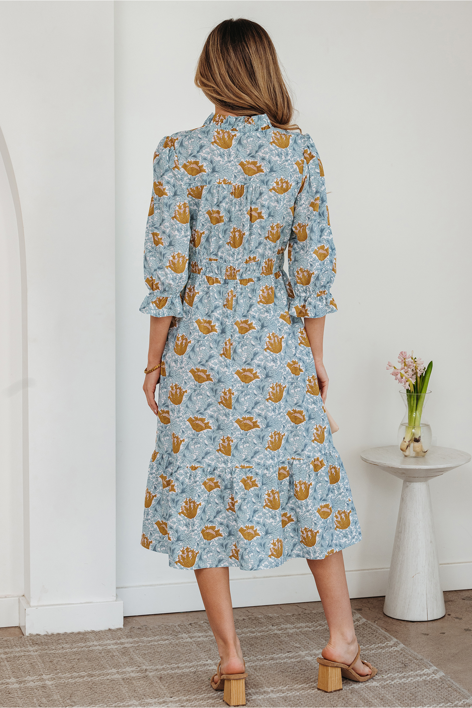 Brown Floral Printed Frilled V Neck Bracelet Sleeve Long Dress view 3