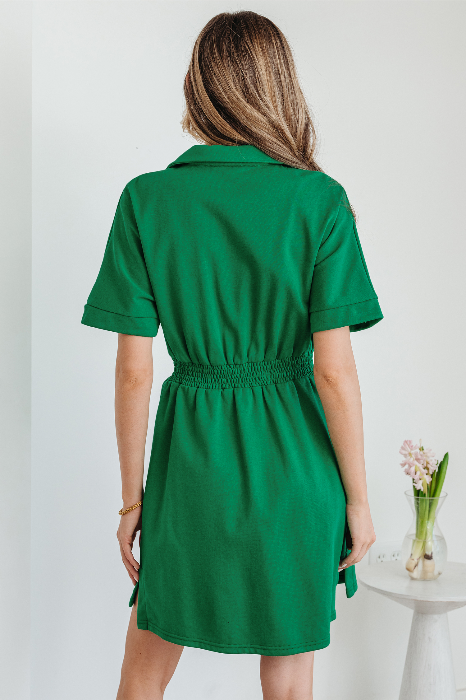 Bright Green Contrast Patchwork Half Zip Elastic Waist Short Sleeve Mini Dress view 2