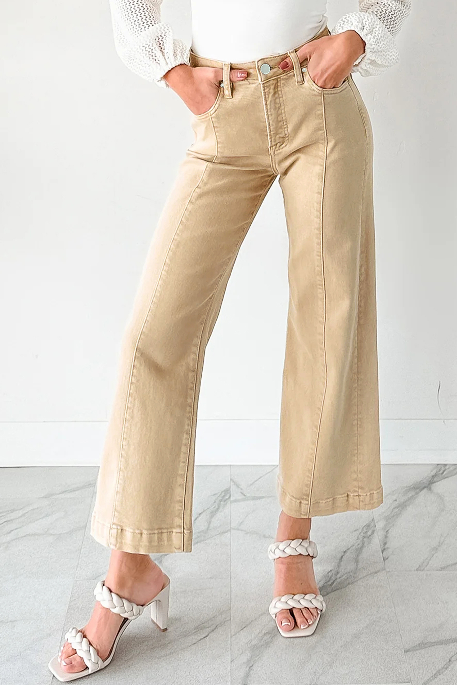 Apricot Solid Color Seamed Center Wide Leg Cropped Jeans view 3