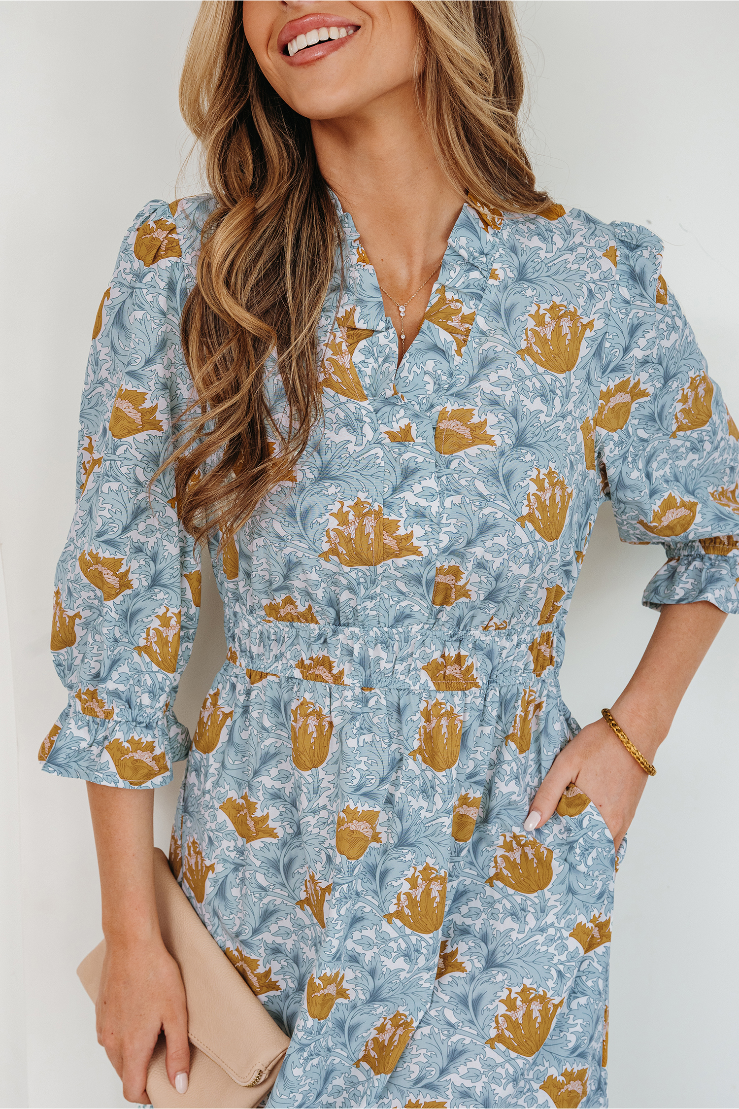 Brown Floral Printed Frilled V Neck Bracelet Sleeve Long Dress view 22