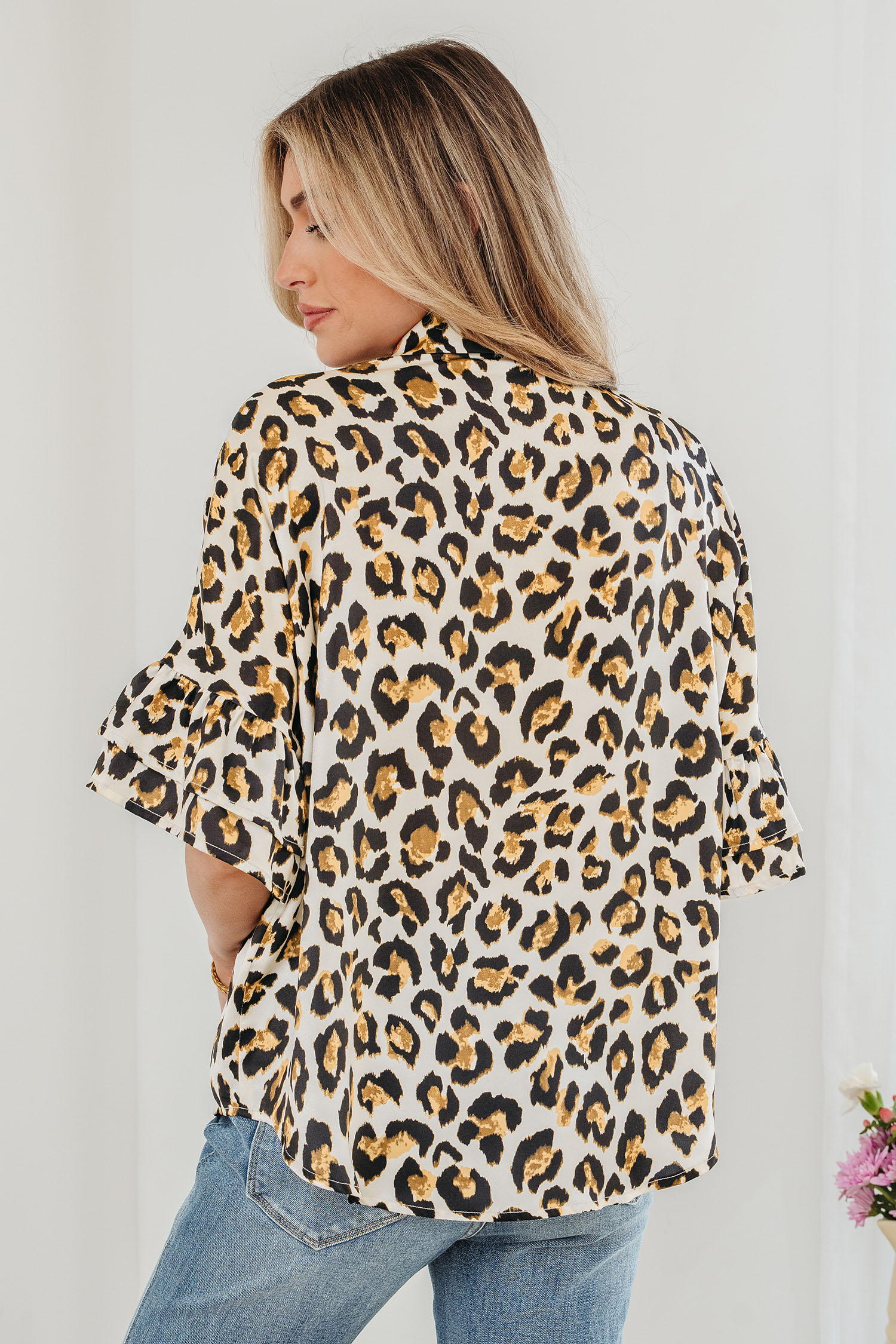 Khaki Leopard Print Ruffle Trim 3/4 Sleeve Loose Shirt view 4