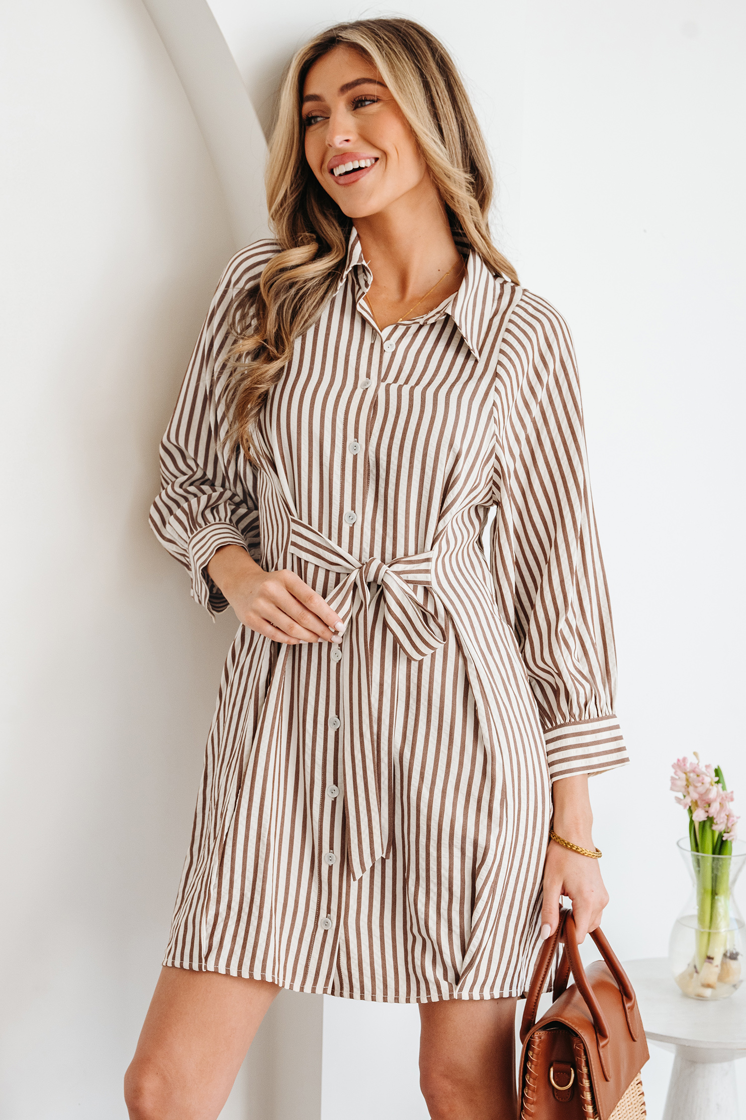 Brown Stripe Knot Waist Puff Sleeve Button Down Mini Shirt Dress view 3