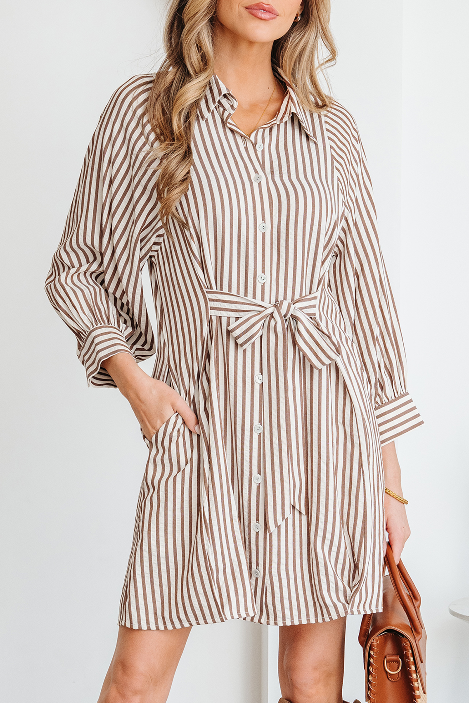 Brown Stripe Knot Waist Puff Sleeve Button Down Mini Shirt Dress view 7